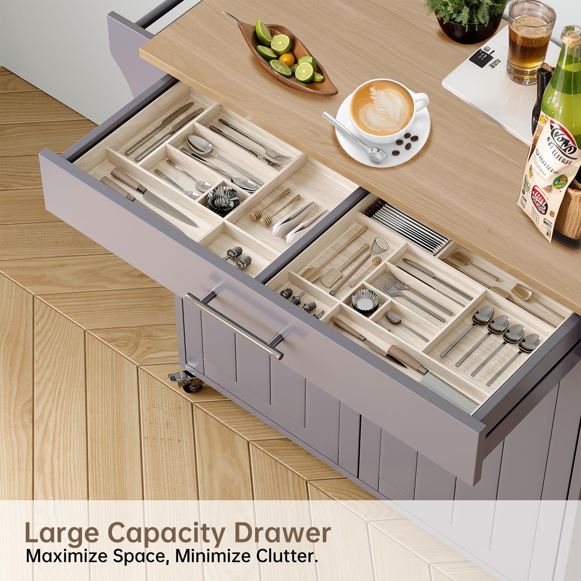 Soscana Wood Kitchen Island with Storage, Wooden Rolling Kitchen Island On Wheels with Countertop, Mobile Kitchen Island Cart with Towel Rack, Spice Rack, Adjustable Shelf and Drawers, Grey