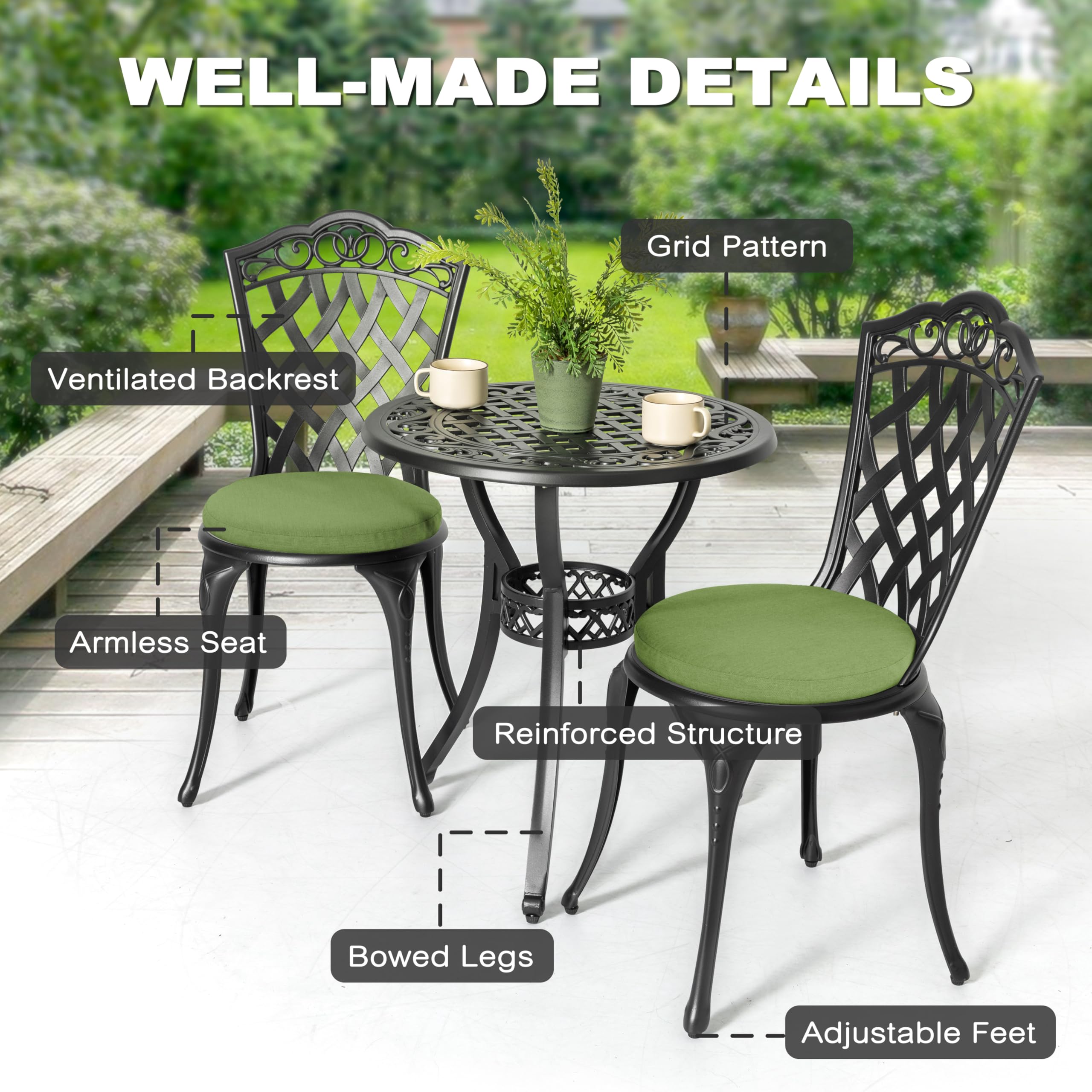 3-Piece Cast Aluminum Patio Bistro Set with Cushions