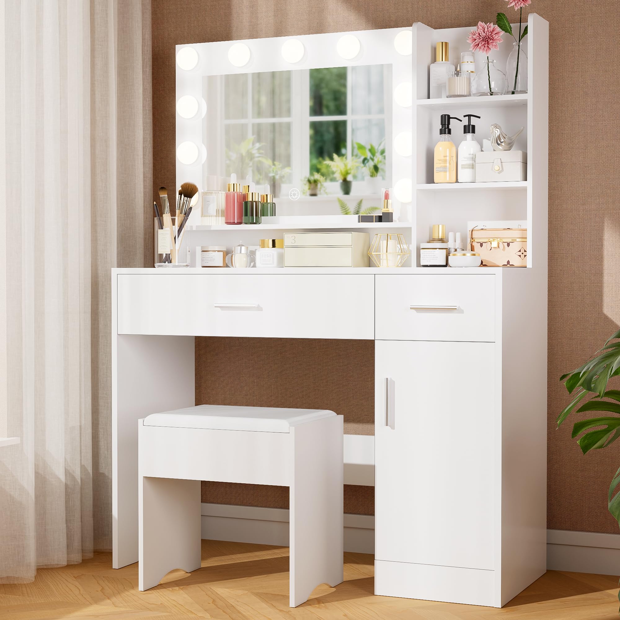 Trumbeak Vanity Desk with Mirror and LED Lights,Vanity Desk with 3 Drawers & 3 Storage Shelves,Vanity Table with Chair,Three Adjustable Lighting Modes,Bedroom Vanity,White