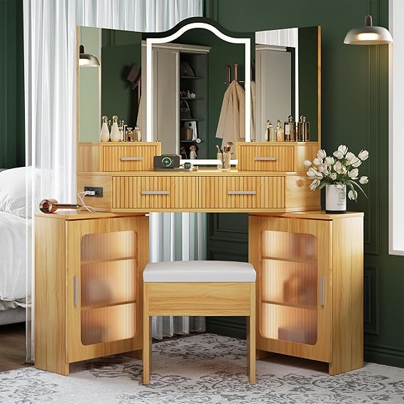 Corner Makeup Vanity with Lights & Tri-Way Mirrors
