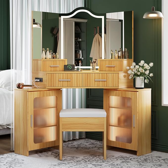 Corner Makeup Vanity with LED Mirrors