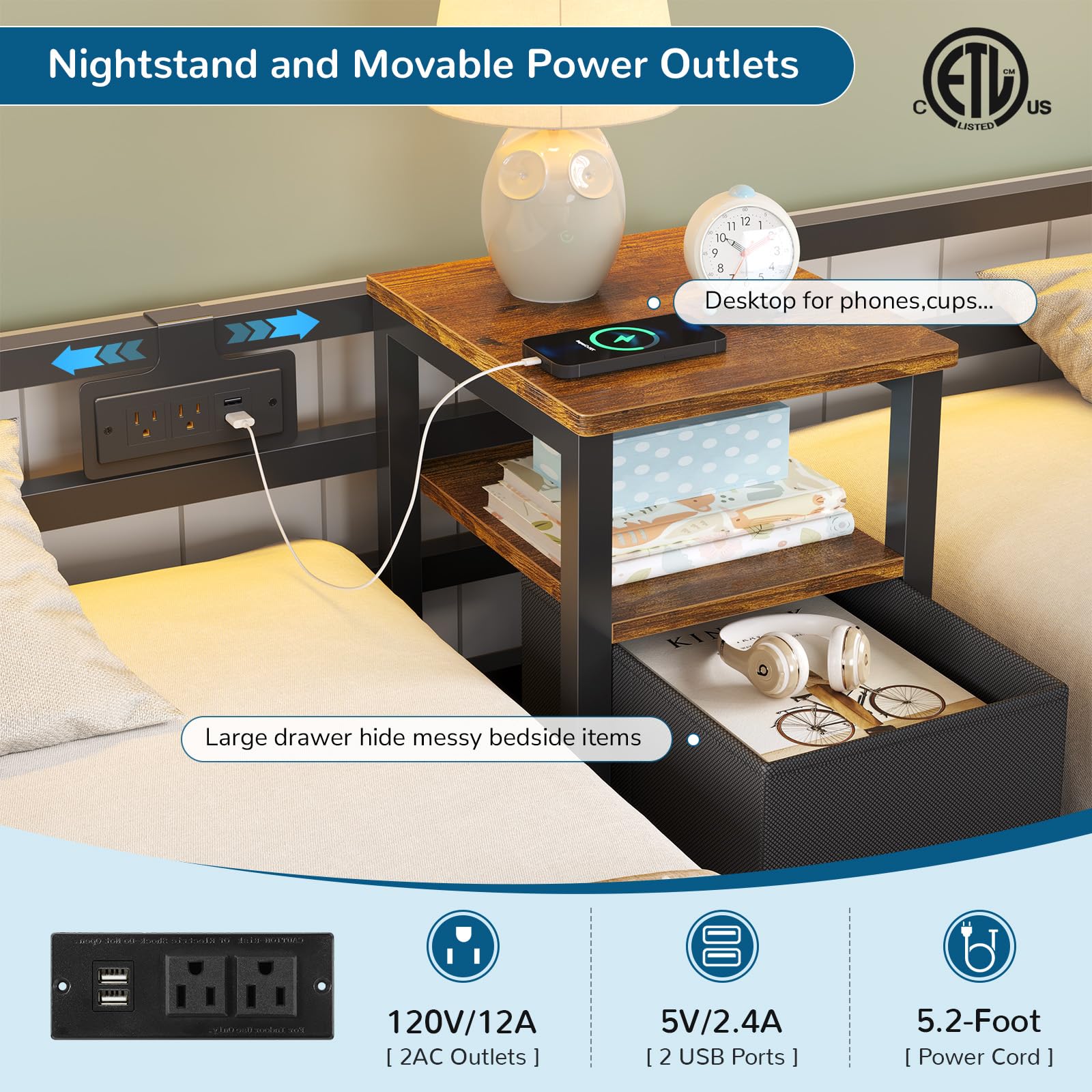 Triple Twin Bunk Bed with LED Lights & Storage