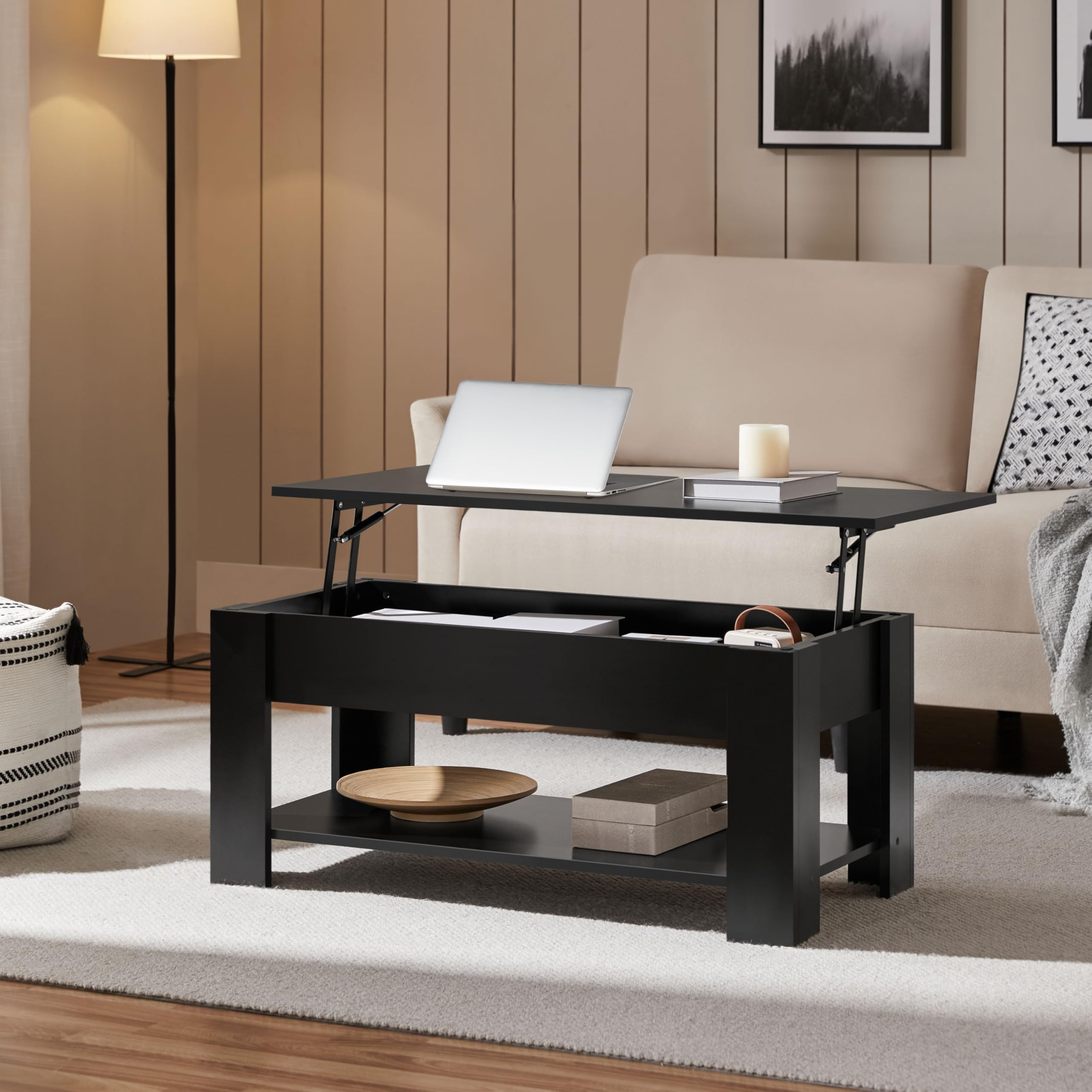 Yaheetech Modern Living Room 3 Pieces Table Sets, Lift Top Coffee Table and End Table Sets for Home and Office, Easy Assembly Accent Furniture with Hidden Compartment and Open Storage Shelf, Black