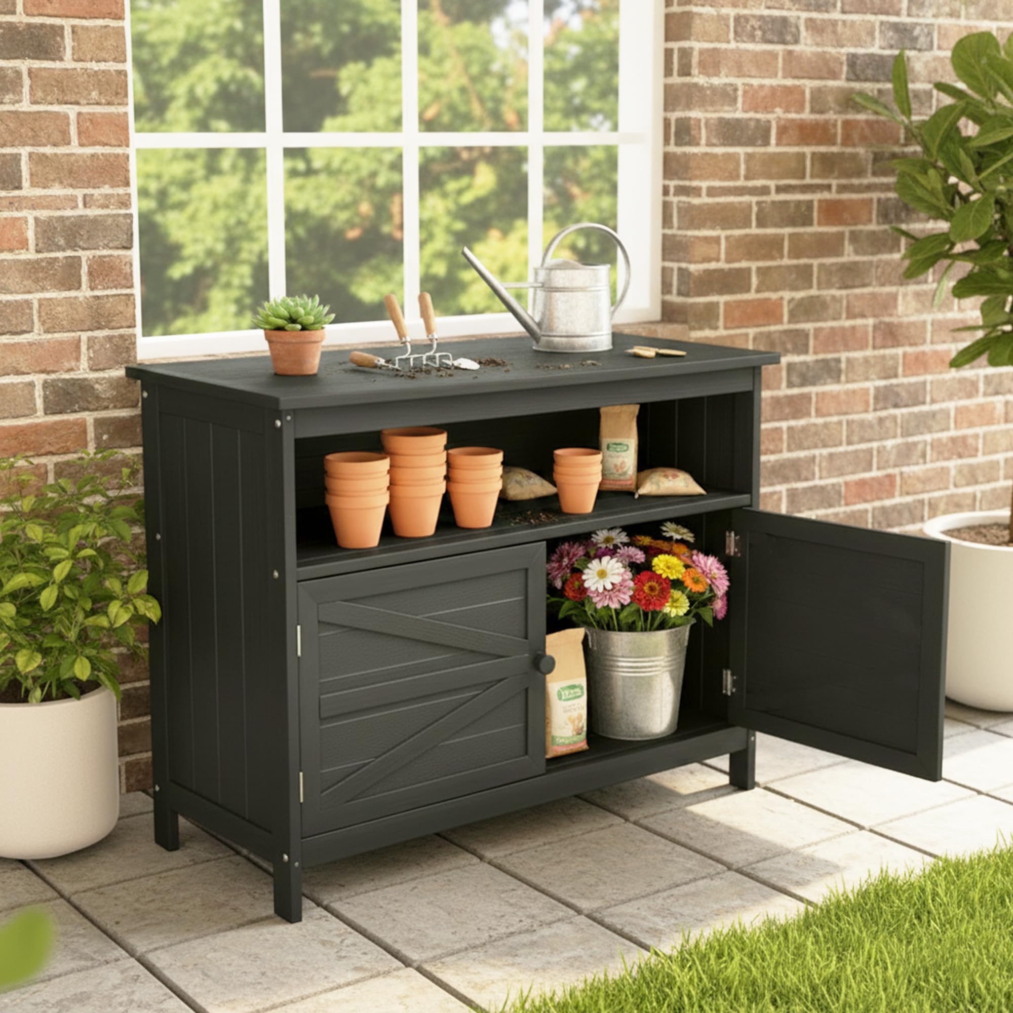Congfutt HIPS All-Weather Outdoor Storage Cabinet,Outdoor Sideboard with Magnetic Doors,3-Shelves Patio Storage Cabinet, Used for Garden,Buffet Cabinet,TV Stand, Bar Table,Balcony