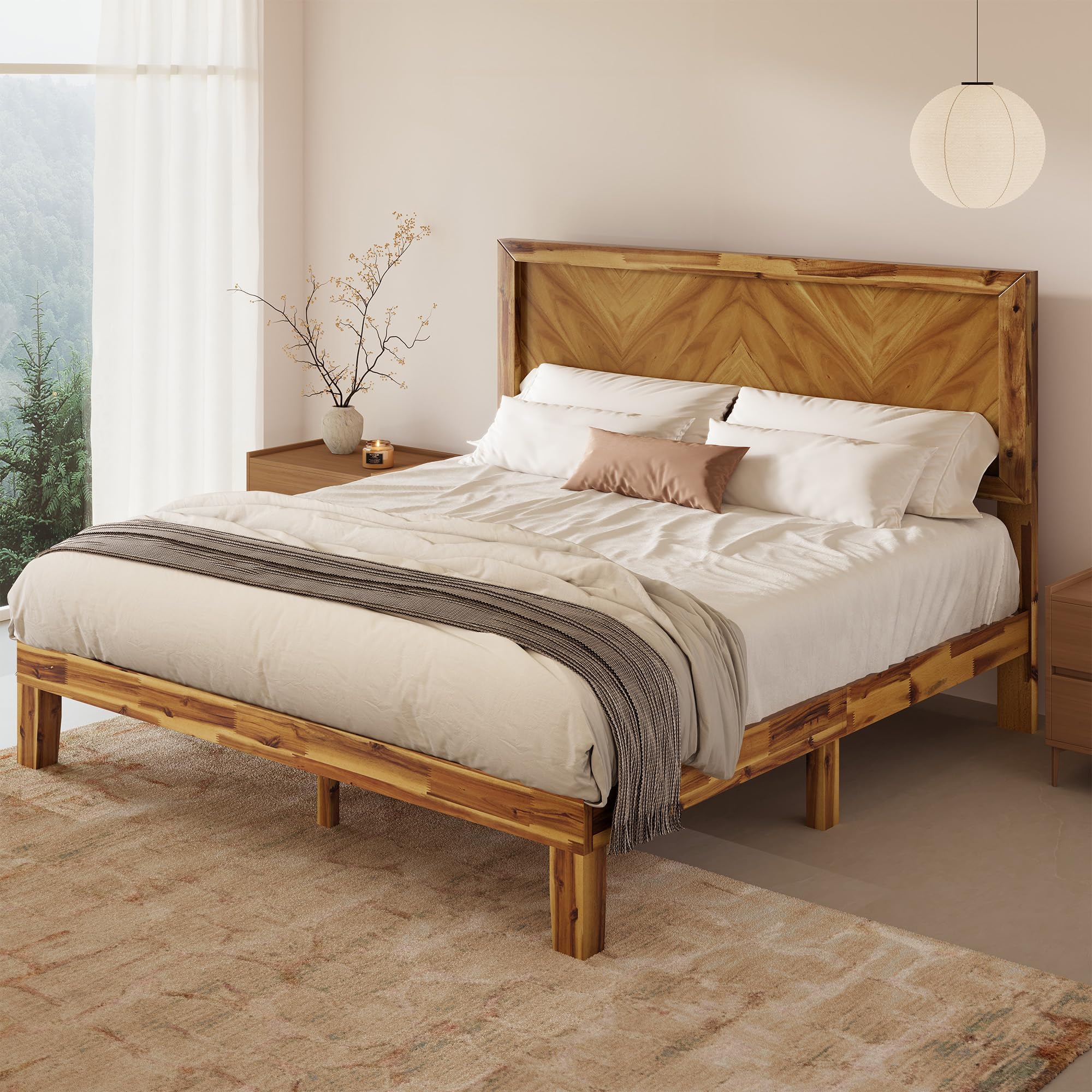 Jocisland Mid-Century Solid Wood Full Size Bed Frame with Heart-Shaped Headboard, Modern Wooden Platform Bed with Slat Support, Acacia Wood, Noise-Free, No Box Spring Needed, Easy Assembly, Brown