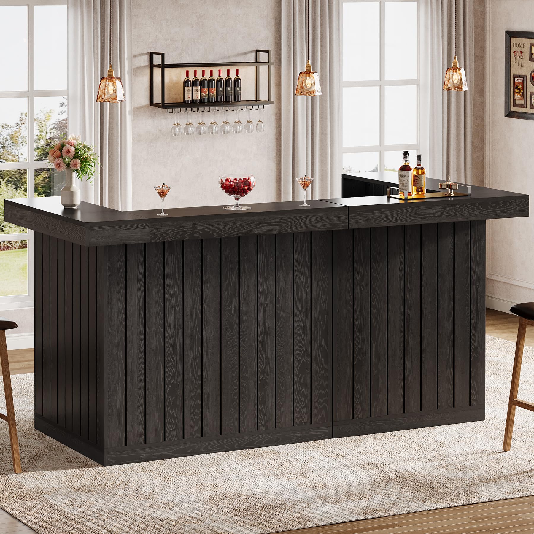 Tribesigns L Shaped Bar Table, 4-Tier Home Bar Unit with Wine Glasses Holders, Farmhouse Counter Height Pub Table with Storage Shelves, Corner Wine Table for Basement, Living Room (2, Black)
