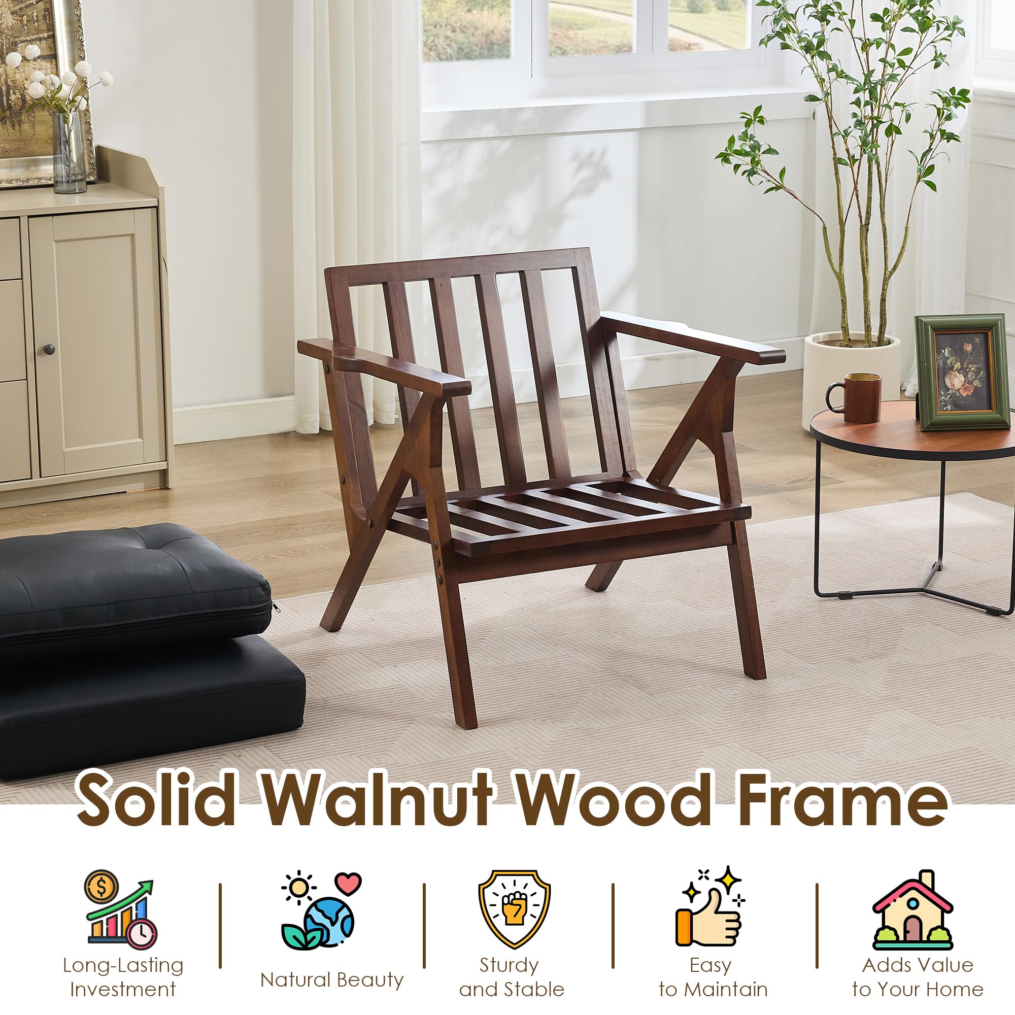 Mid-Century Leather Accent Chair with Wooden Arms