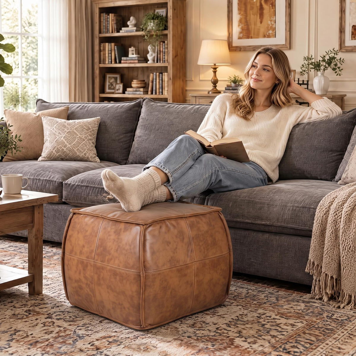 Divanus Genuine Leather Square Ottoman,Pouf for Living Room (Brown, Square)