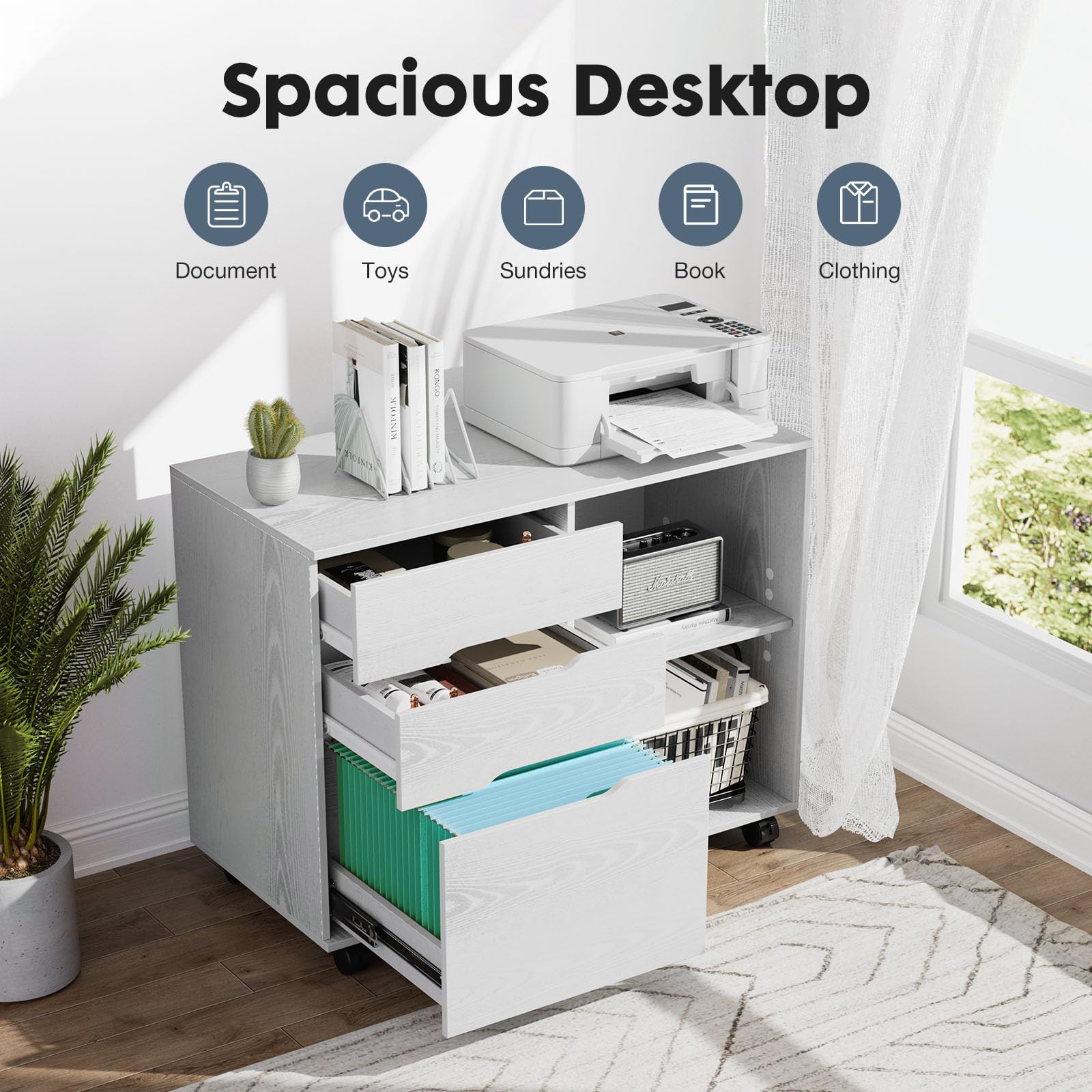 Rolling File Cabinet with 3 Drawers & Adjustable Shelf