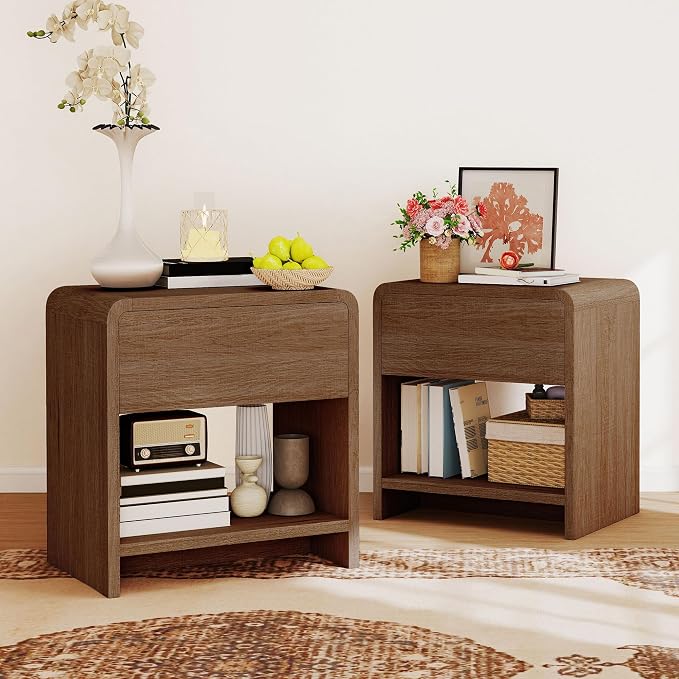 Nightstands with Drawer & Shelves, Set of 2