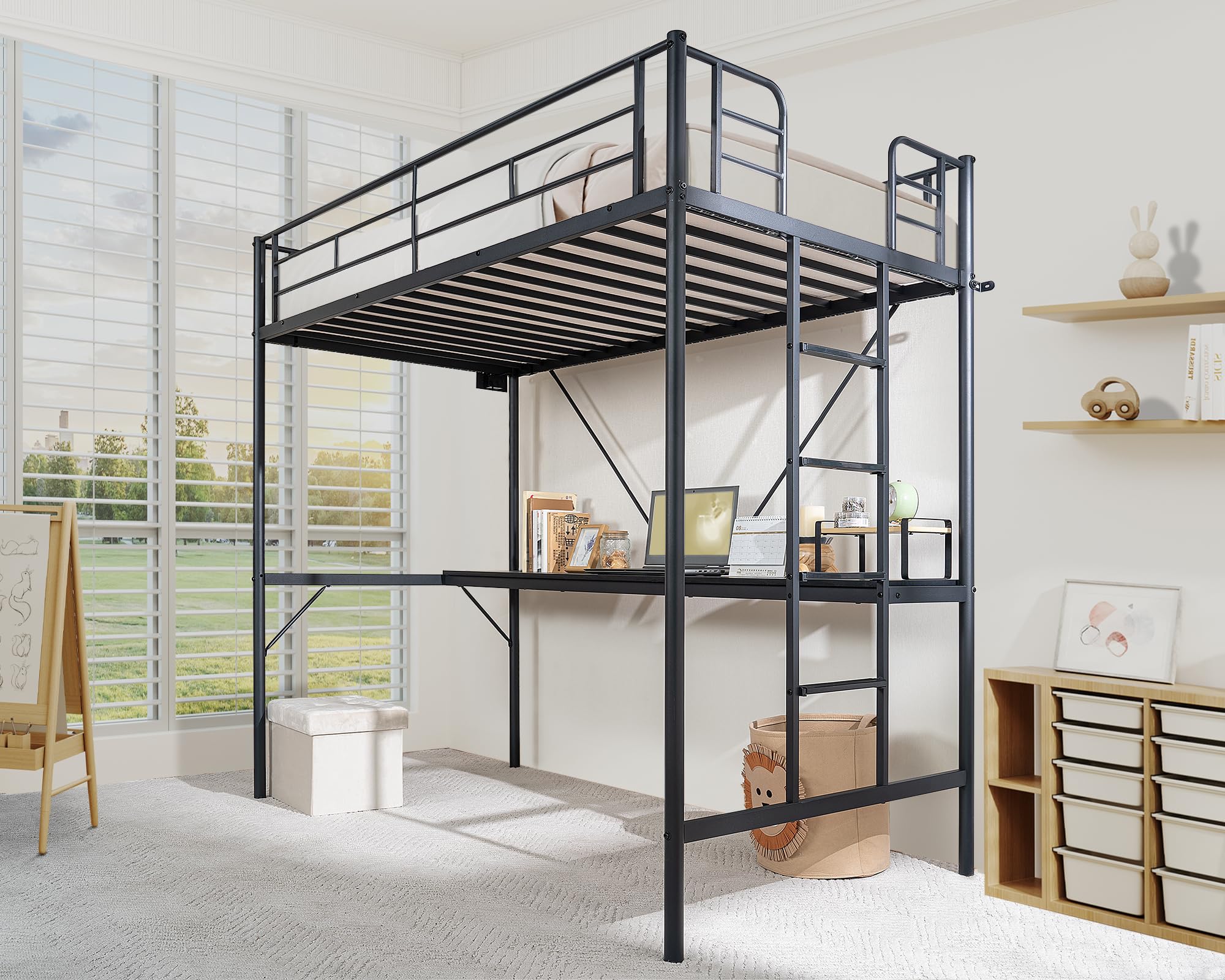Metal Loft Bunk Bed with Desk, LED Lights & Charging Station