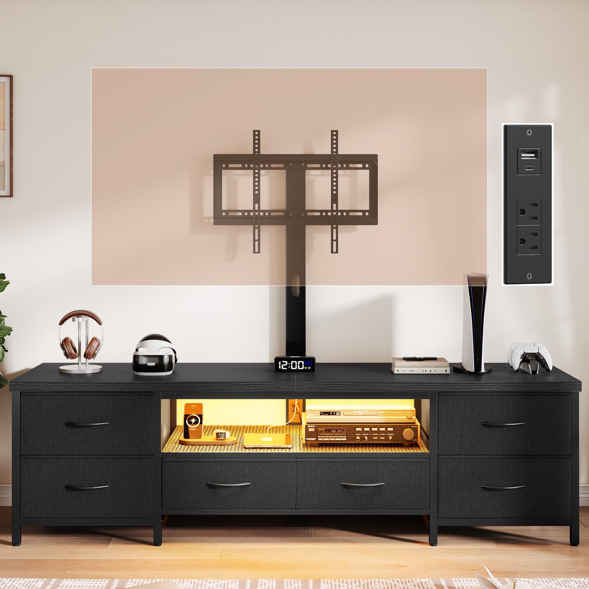 Homiflex TV Stand for 80 Inch TV with Mount, LED Entertainment Center w/Fabric Drawers & Power Outlets, Industrial Media Console for Living Room, Bedroom, Open Storage Shelves - 71'' Black