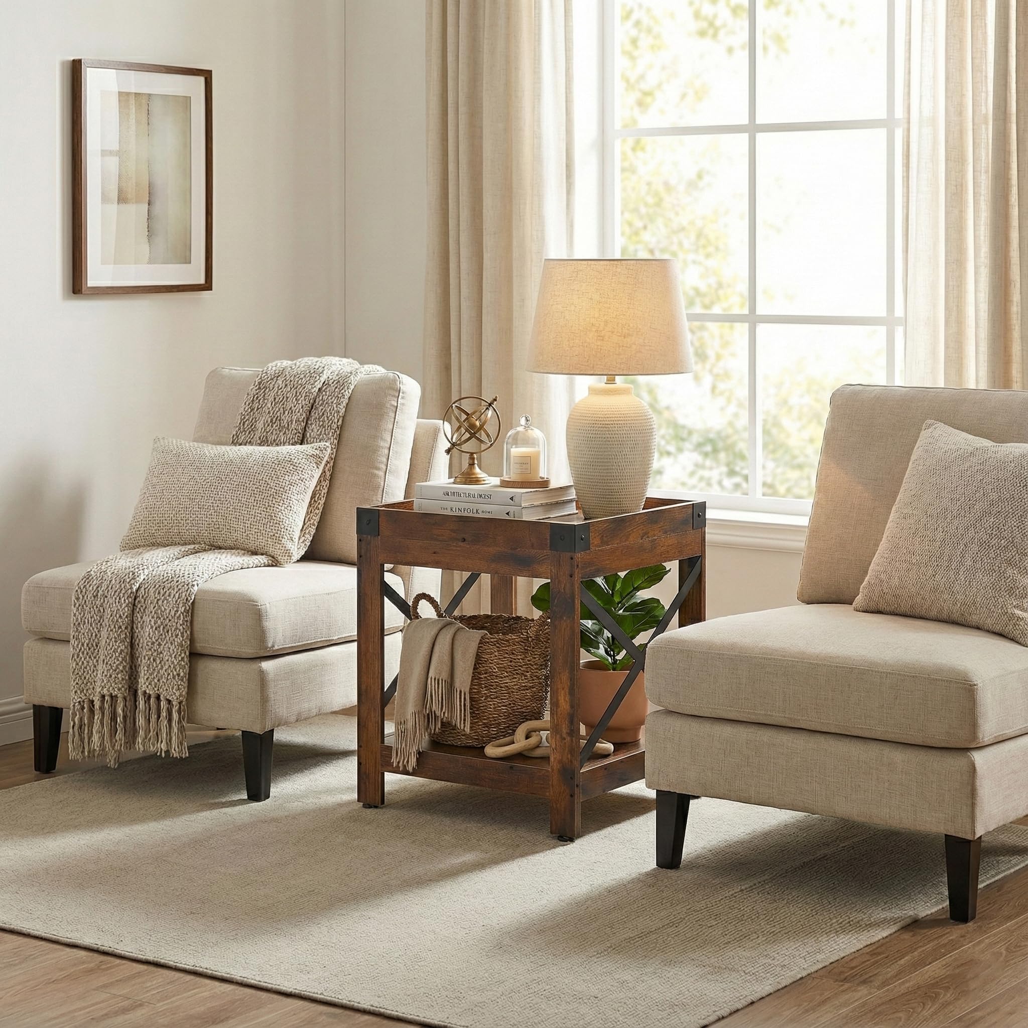 Farmhouse Square Side Table with Storage Shelf