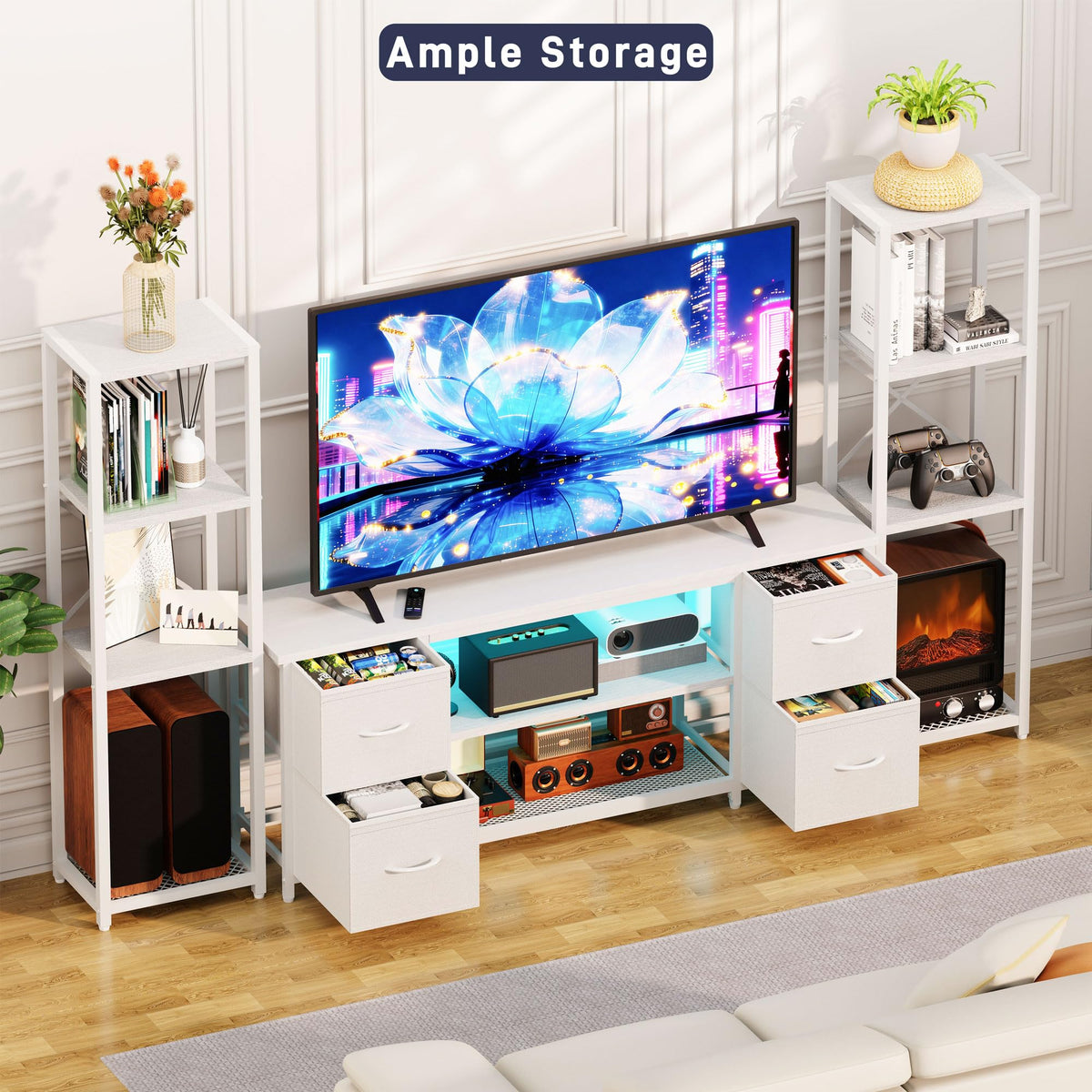 LED TV Stand Entertainment Center Bookshelf Combo with Charging Station