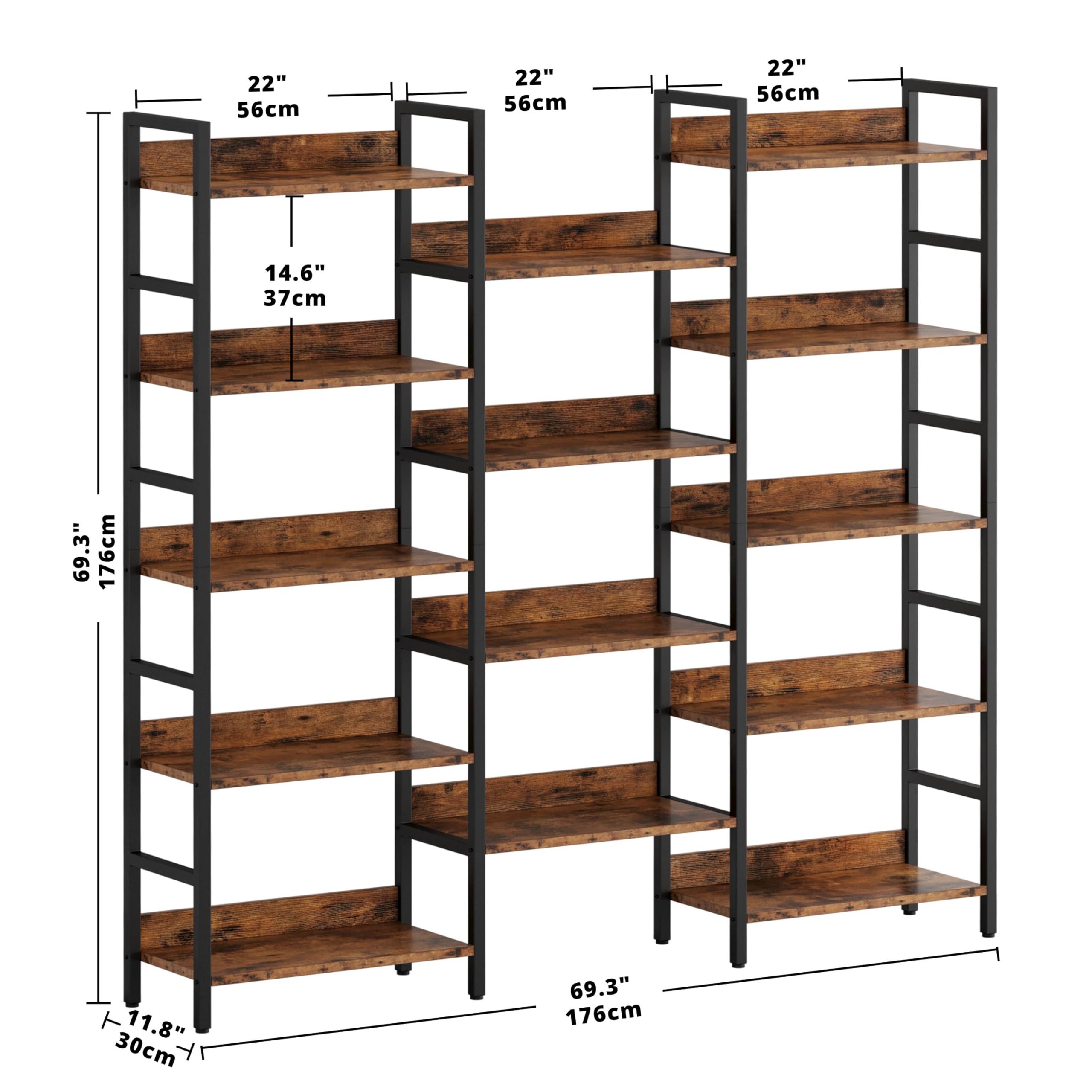 IRONCK Bookshelf, Bookshelves and Bookcases, 5 Tiers Bookshelf with Baffles, Large Book Shelf with Metal Shelving, Triple Wide Shelves for Living Room, Home Office