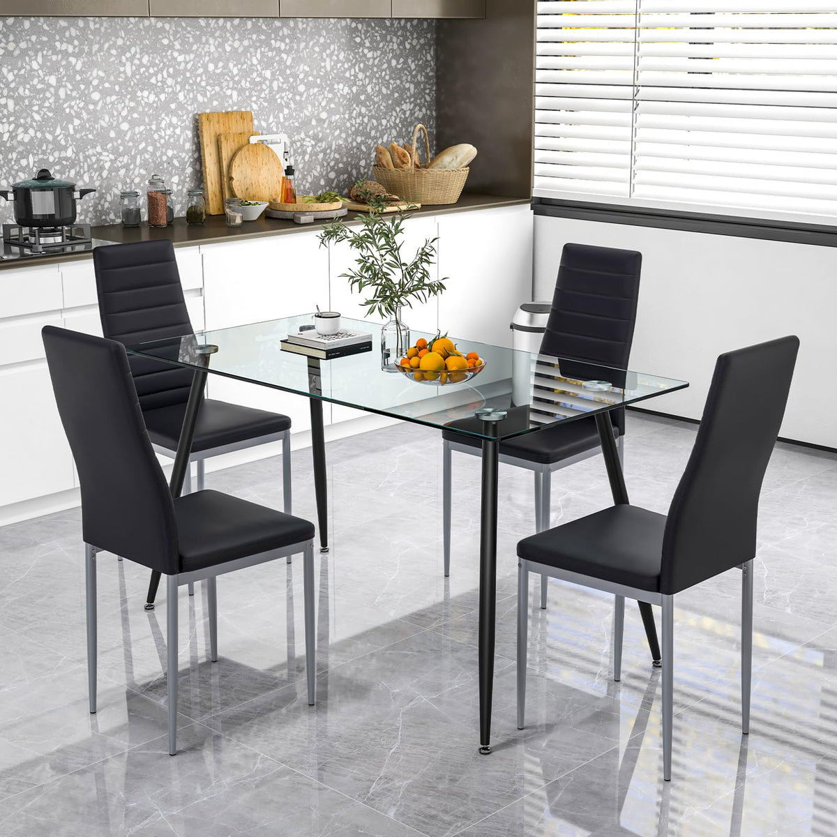 GIANTEX Dining Table Set for 4, Kitchen Table Chairs Set with 51” Rectangle Glass Table, 4 Padded Dining Chairs, Metal Structure, Dinette Table for Breakfast Nook, Living Room, Restaurant, Black
