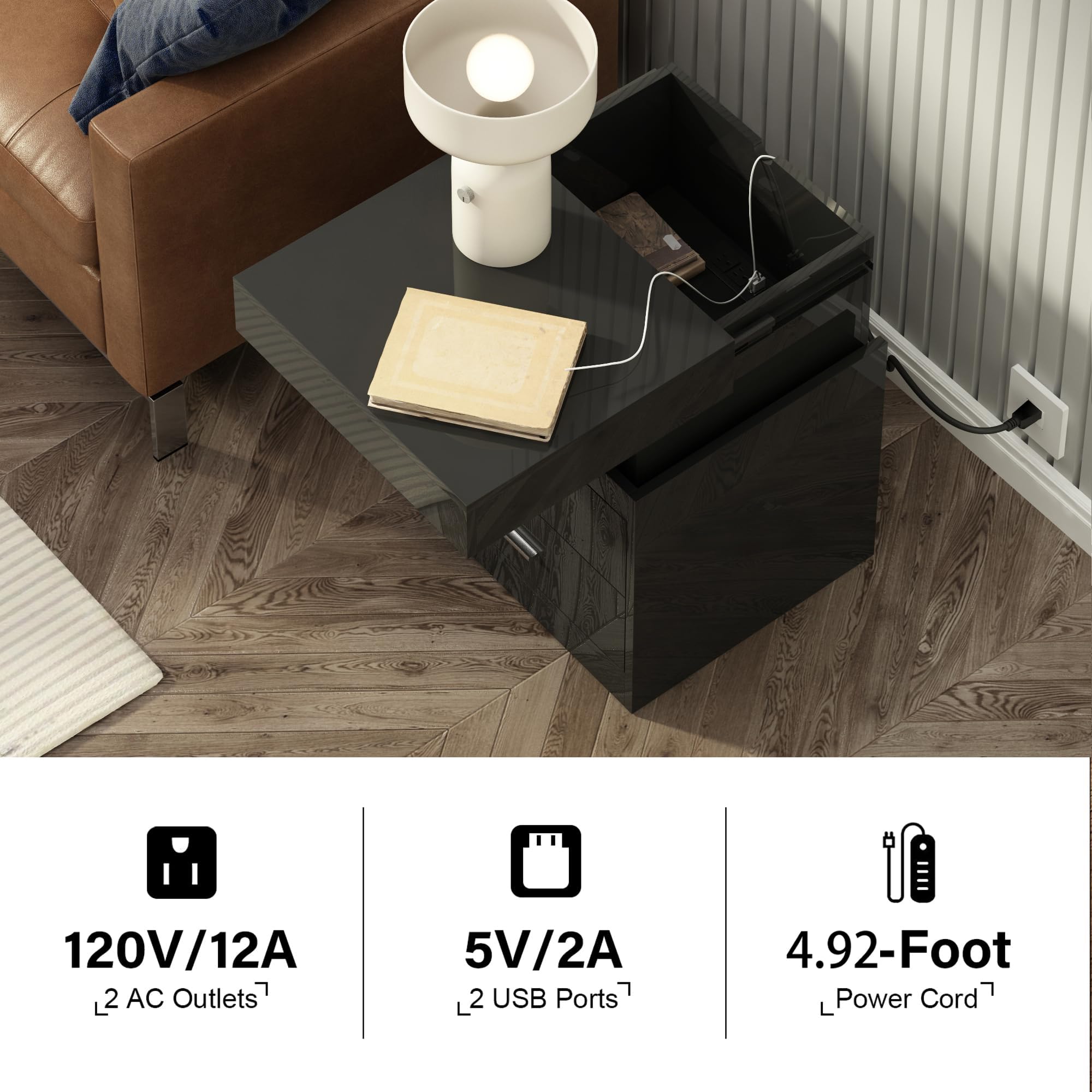 LED Nightstand with Charging Station & 2 Drawers