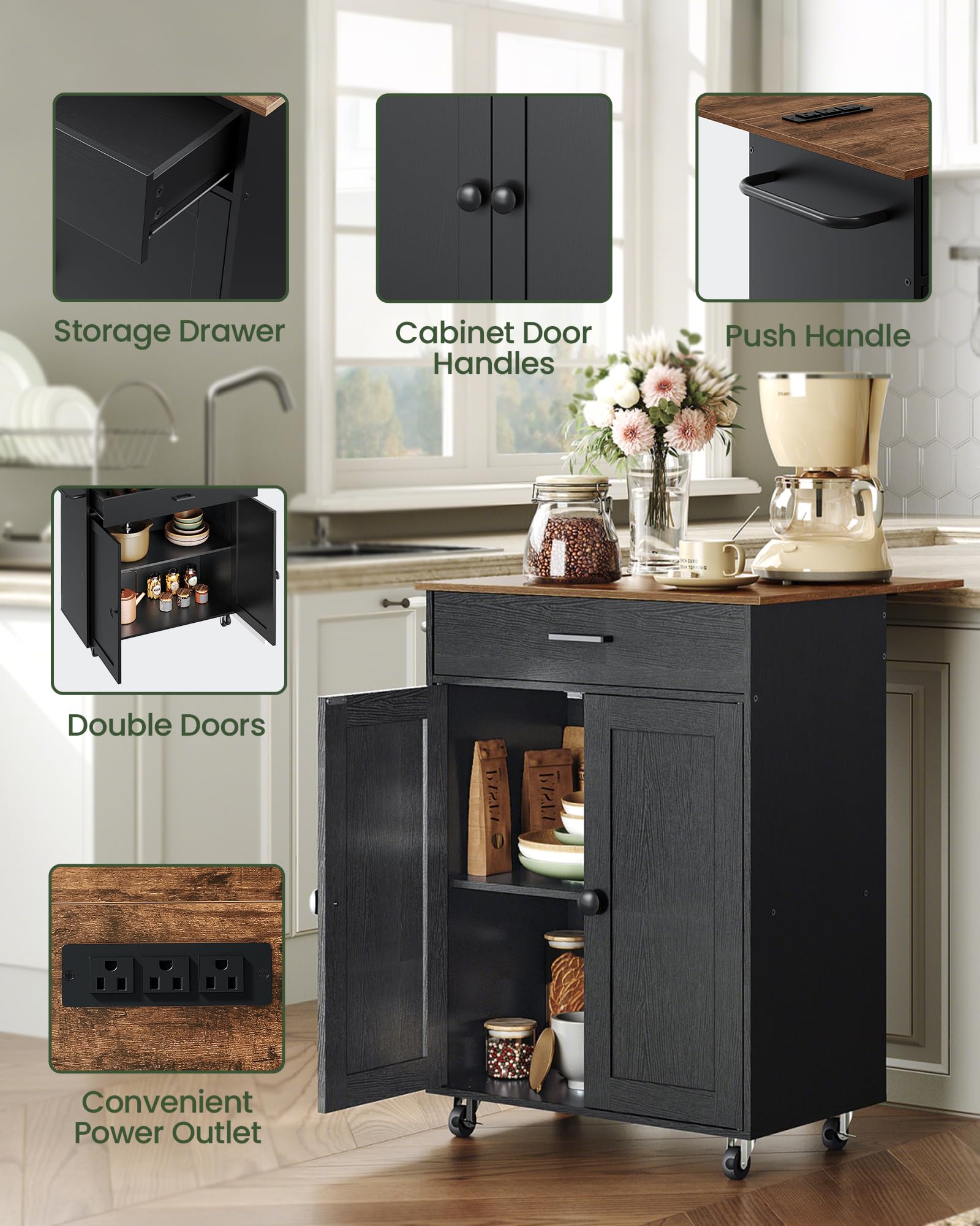 Kitchen Island Cart with Drop Leaf, Power Strip, Cabinet & Drawer