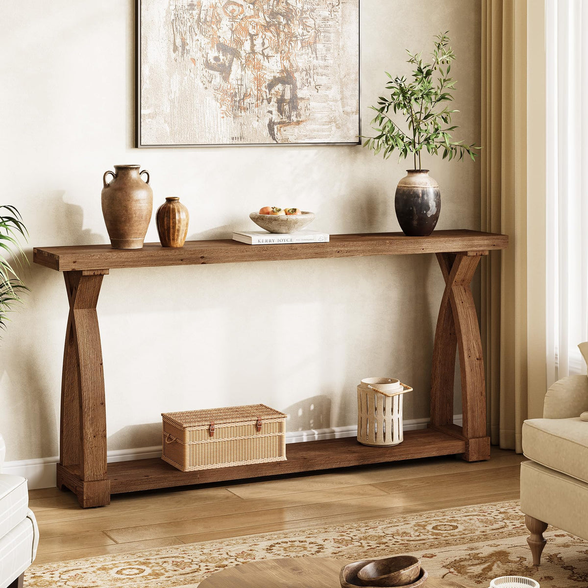 TRIBEWOOD Solid Wood Console Table for Entryway, 63-Inch Narrow Farmhouse Couch Table Behind Sofa with 2-Tier Storage for Entrance, Foyer, Living Room, Long, Dark Brown