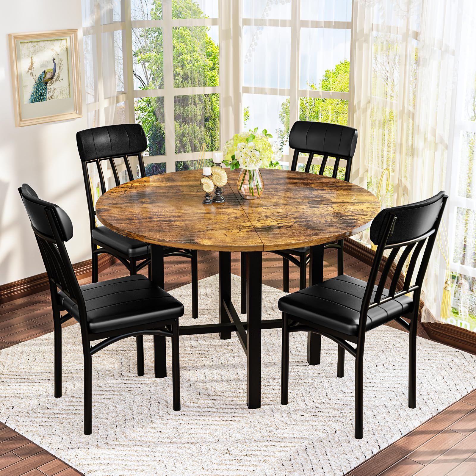 Round Dining Table Set for 4 with Faux Leather Chairs