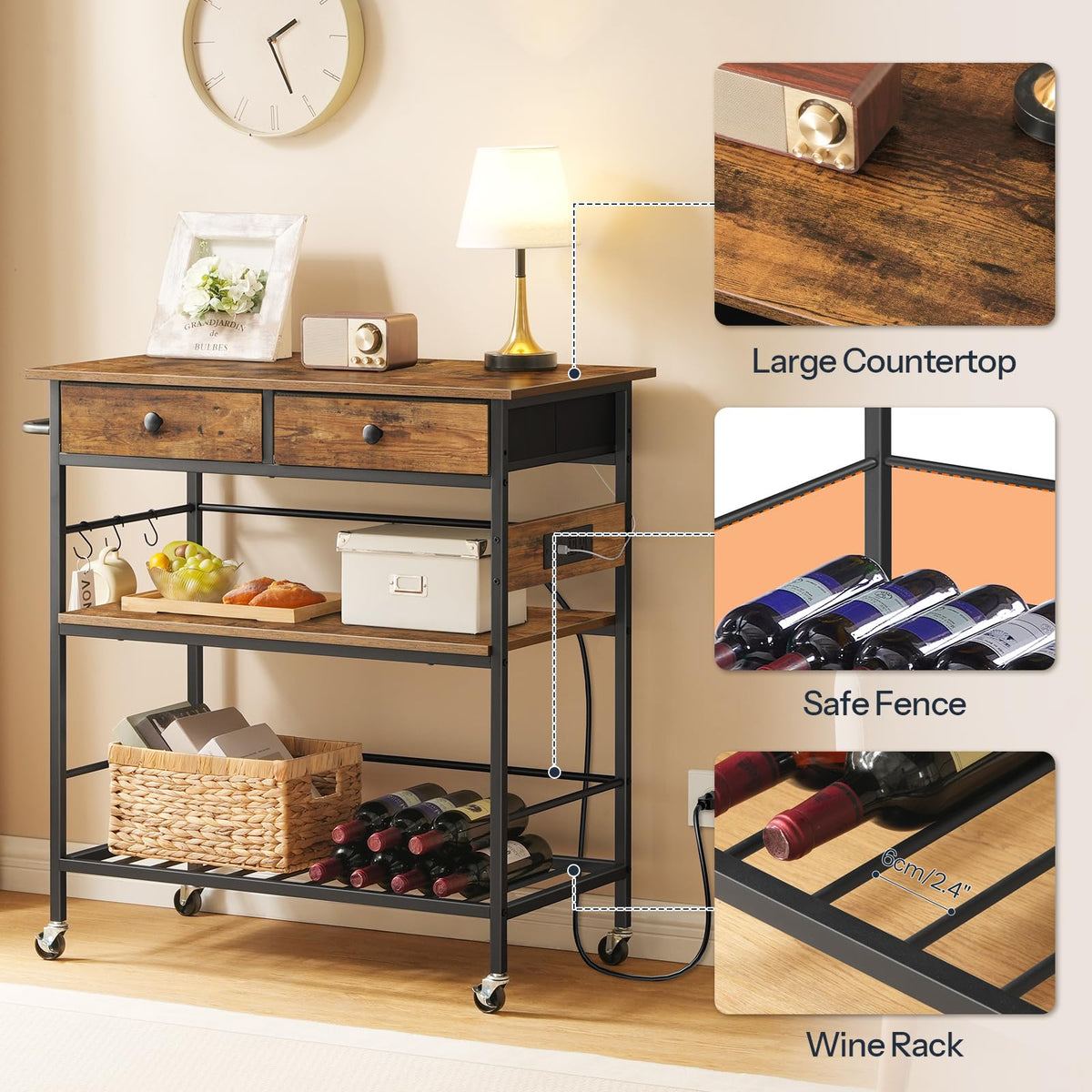 Rolling Kitchen Island with Drawers and Outlet