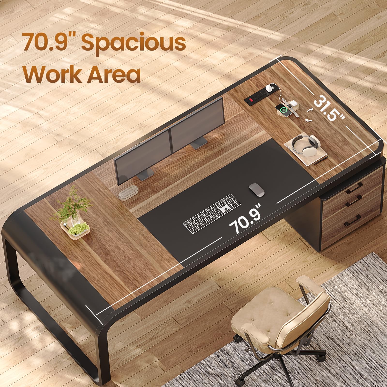 Itaar 70.9" Executive Desk, Large Computer Desk with Drawers and Lateral File Cabinet, Office Desk with Removable Shelves, Business Furniture Desk Workstation for Home Office, Walnut