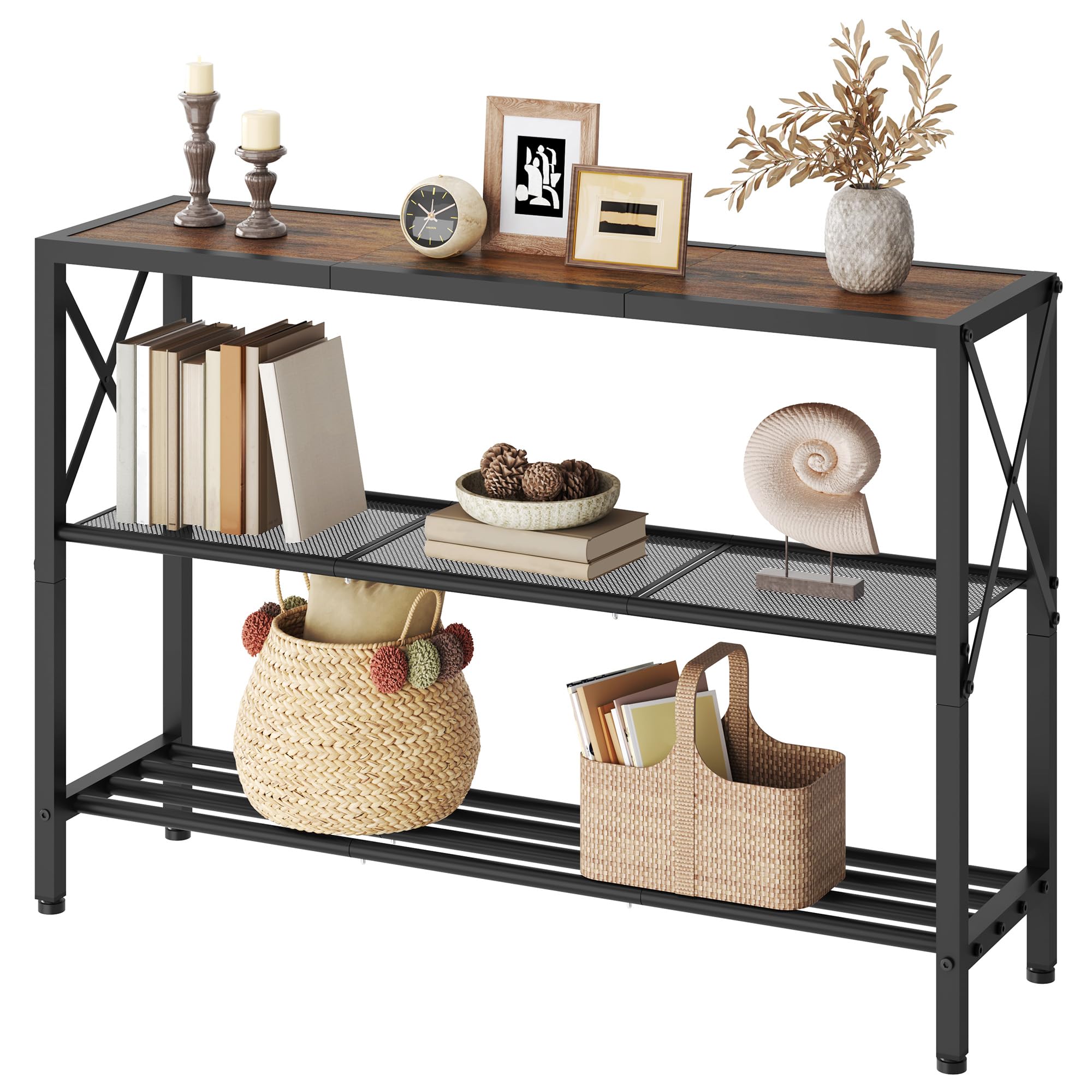Hoctieon Industrial Console Table, 3 Tier Entryway Table, Hallway Table, Narrow Sofa Table with Shelves, Entrance Table for Entryway, Living Room, Foyer, Hallway, Office, Rustic Brown&Black