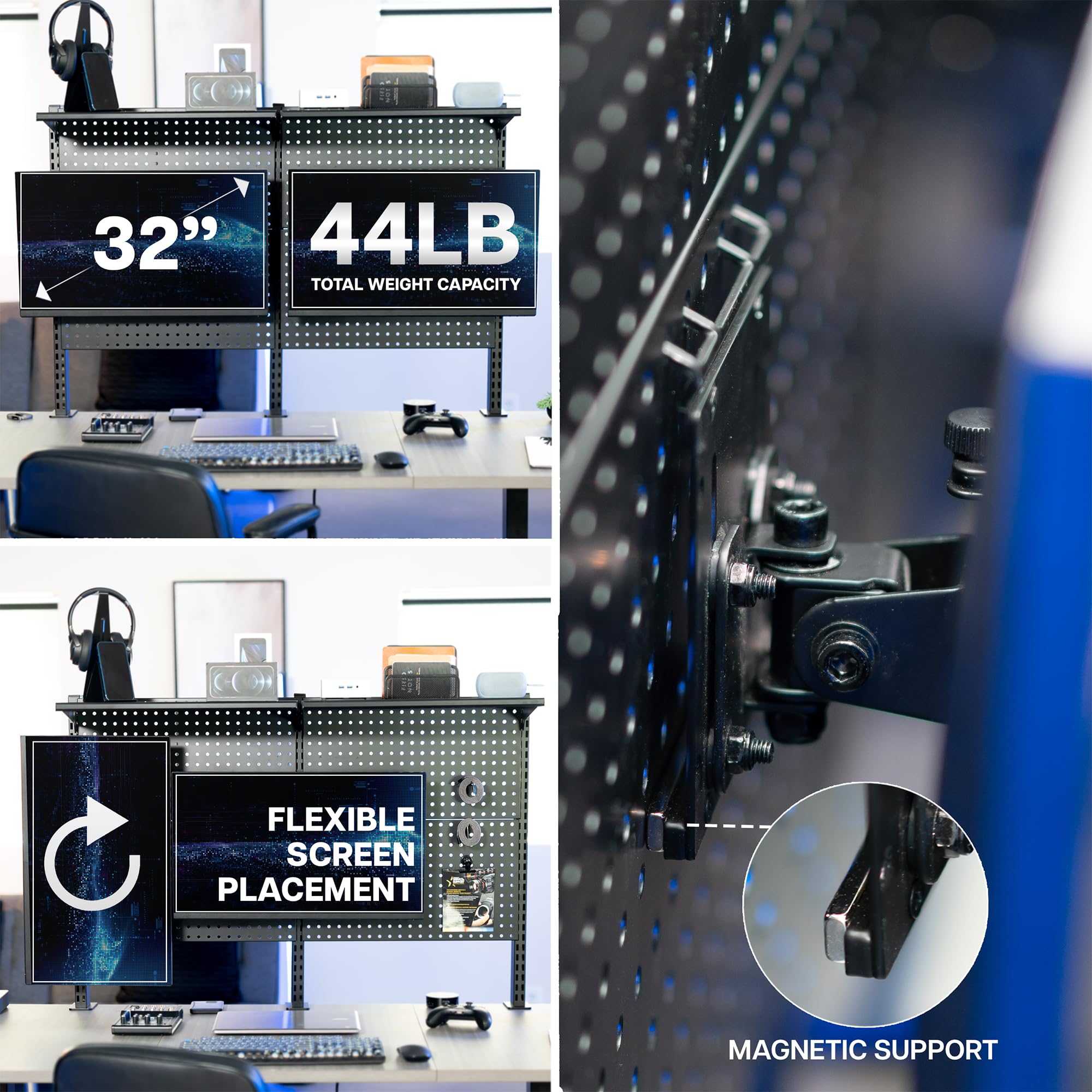 Desk Pegboard System with Dual Monitor Mounts & Storage Shelf