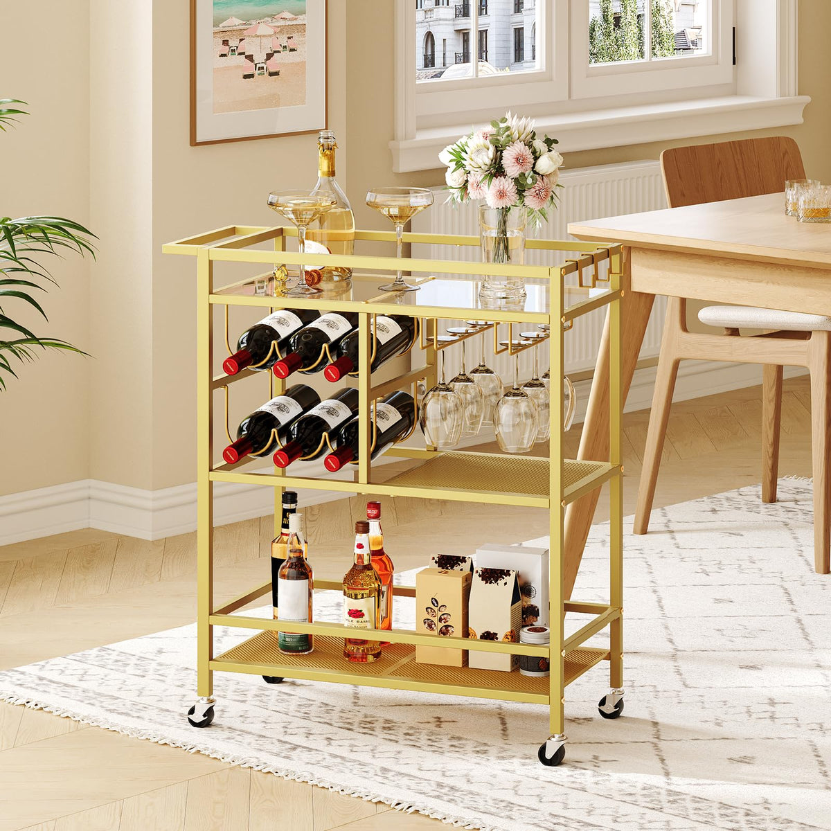 MAHANCRIS Bar Cart for Home, 3-Tier Serving Cart with Wheels and Handle, Beverage Cart with Wine Rack and Glass Holders, Rolling Wine Cart for Kitchen, Dining Room, Gold RCJ61B01