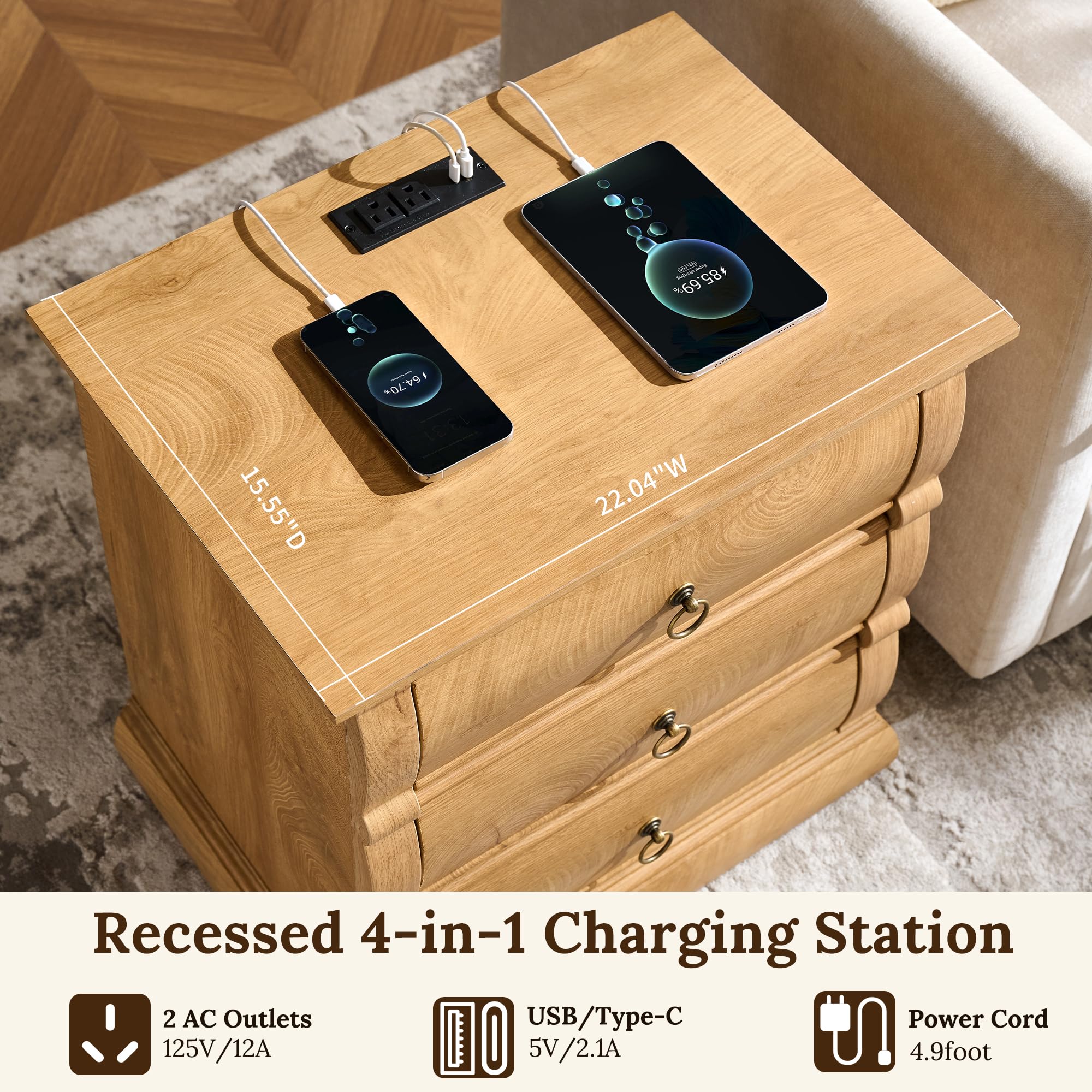 Vintage 3-Drawer Nightstand with Charging Station
