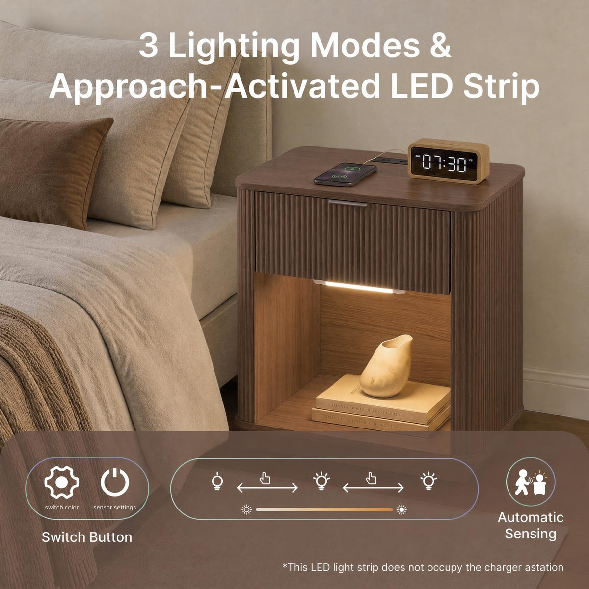 KISLOT 23'' Fluted Nightstand Set of 2 w/Charging Station,Drawers,Walnut