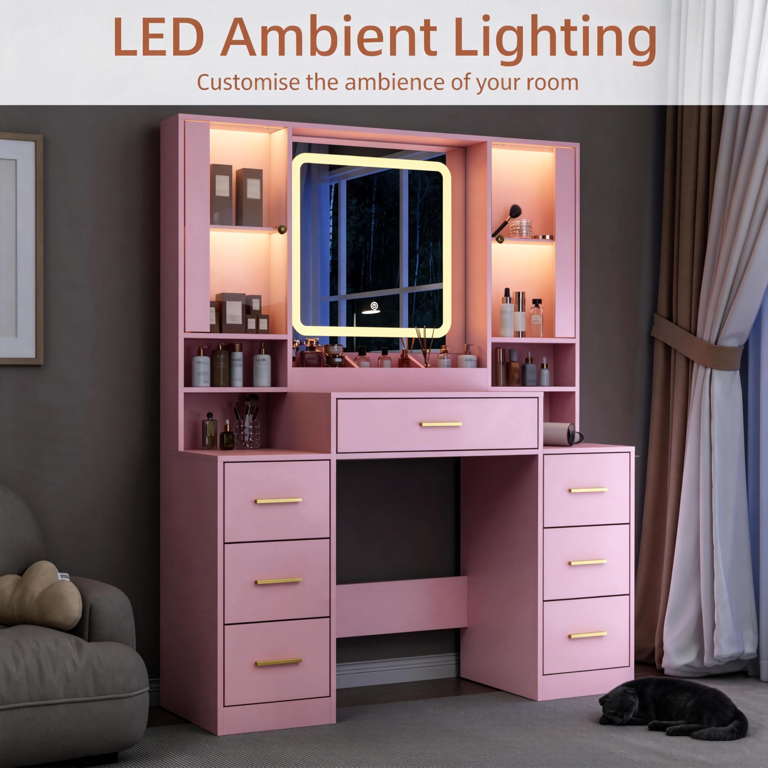 ANYMAPLE Vanity Desk with Mirror & Lights, Makeup Vanity with Power Strip, 7 Drawers & 2 Cabinets, Hair Dryer Holder, RGB Cabinet Lighting, 3-Color Dimmable Mirror
