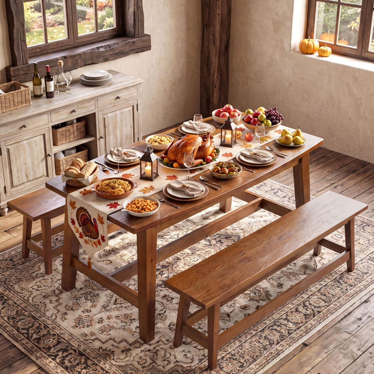 Tribesigns 55-Inch Farmhouse Solid Wood Dining Table Set with 2 Benches