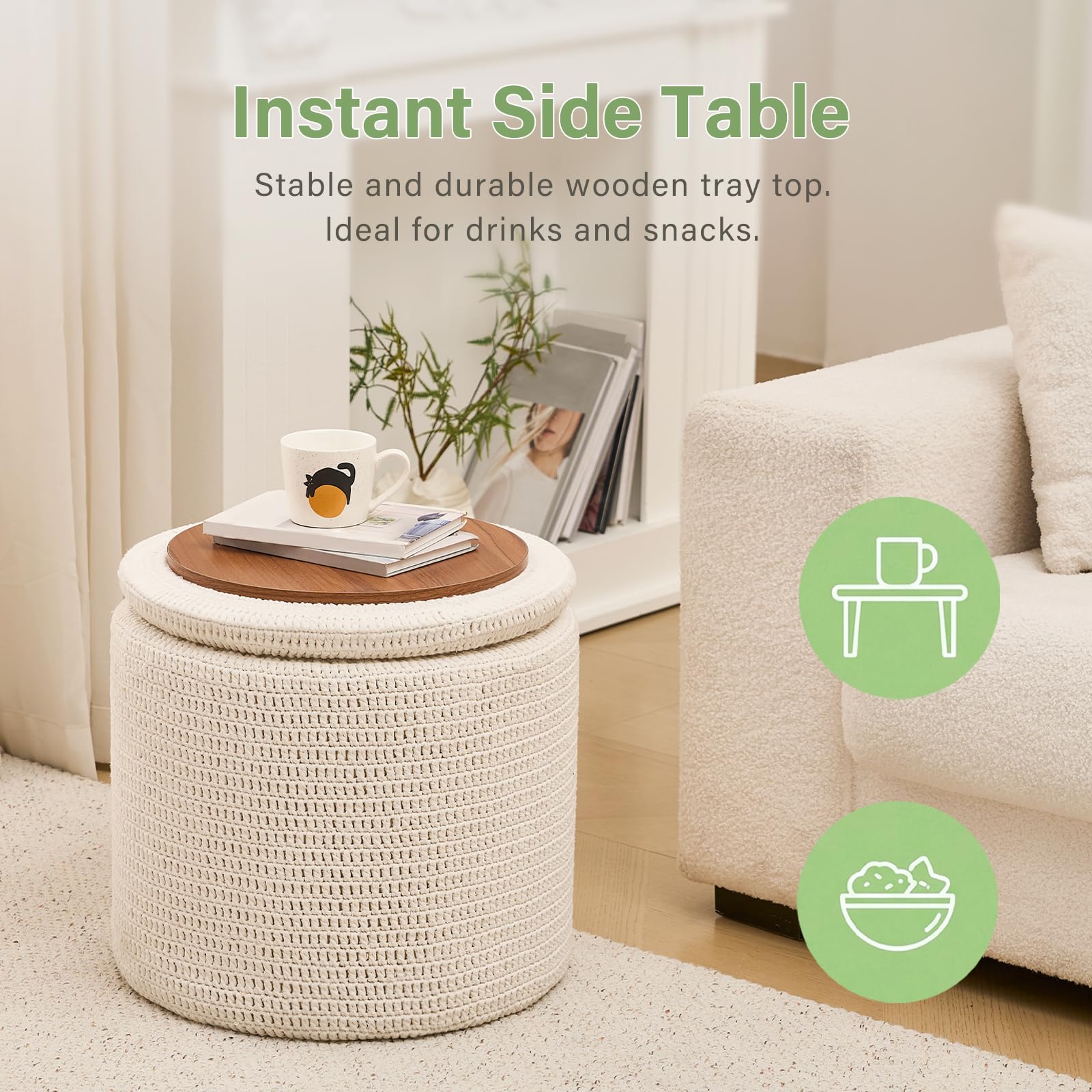Wimarsbon Pouf Ottoman, 100% Cotton Knitted Boho Footstool, Round Footrest with Non-Skid Wood Legs, Home Décor Handmade Pouffe, Leisure Floor Step Stool for Living Room (18inch Storage Ottoman)