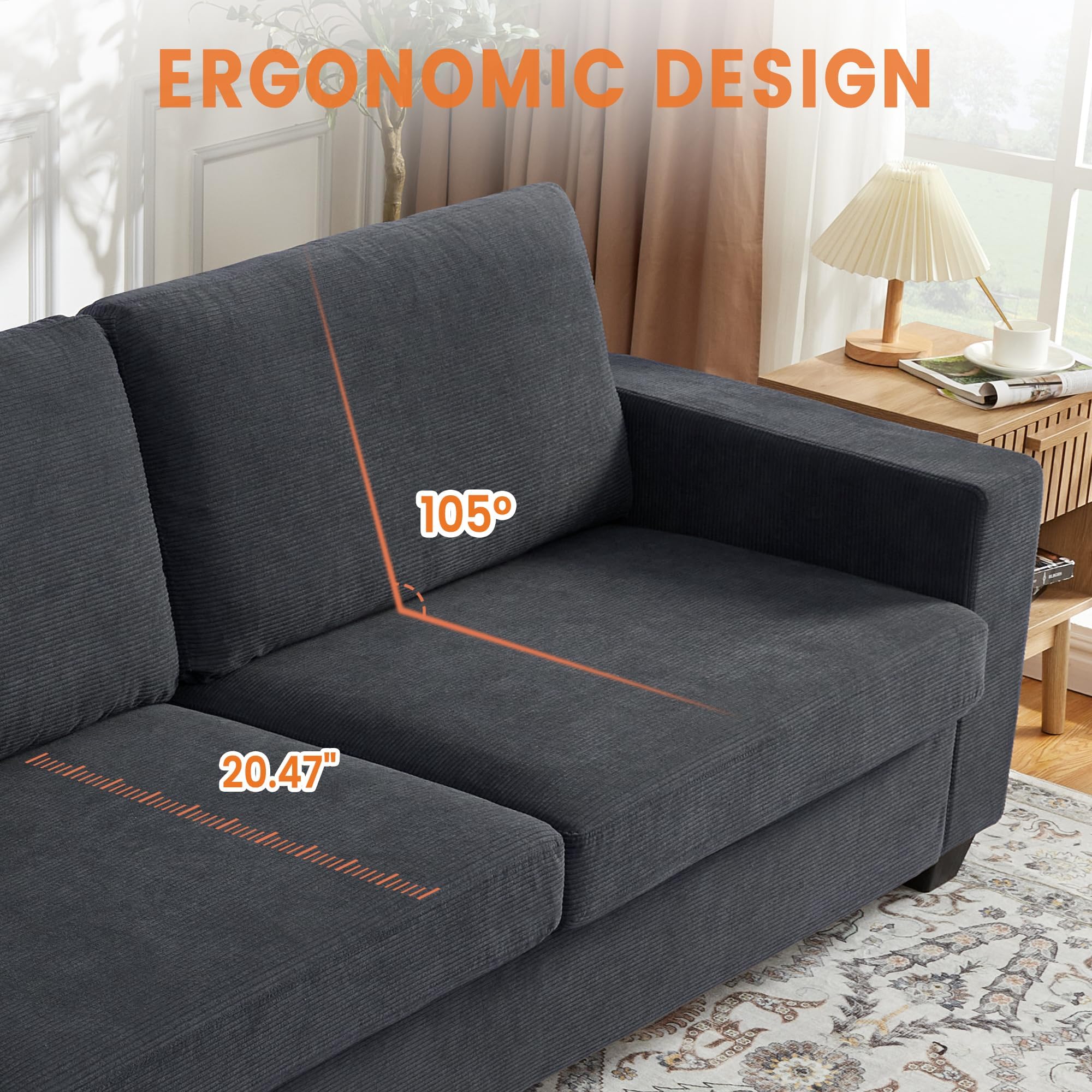 BouPower 84" Corduroy Loveseat Sofa for Living Room, Modern Upholstered Sofa with Wide Armrests, Modern Plush Deep Seat Sofa Couch, Oversized Comfy 3-Seater Sofa for Living Room, Apartment, Grey