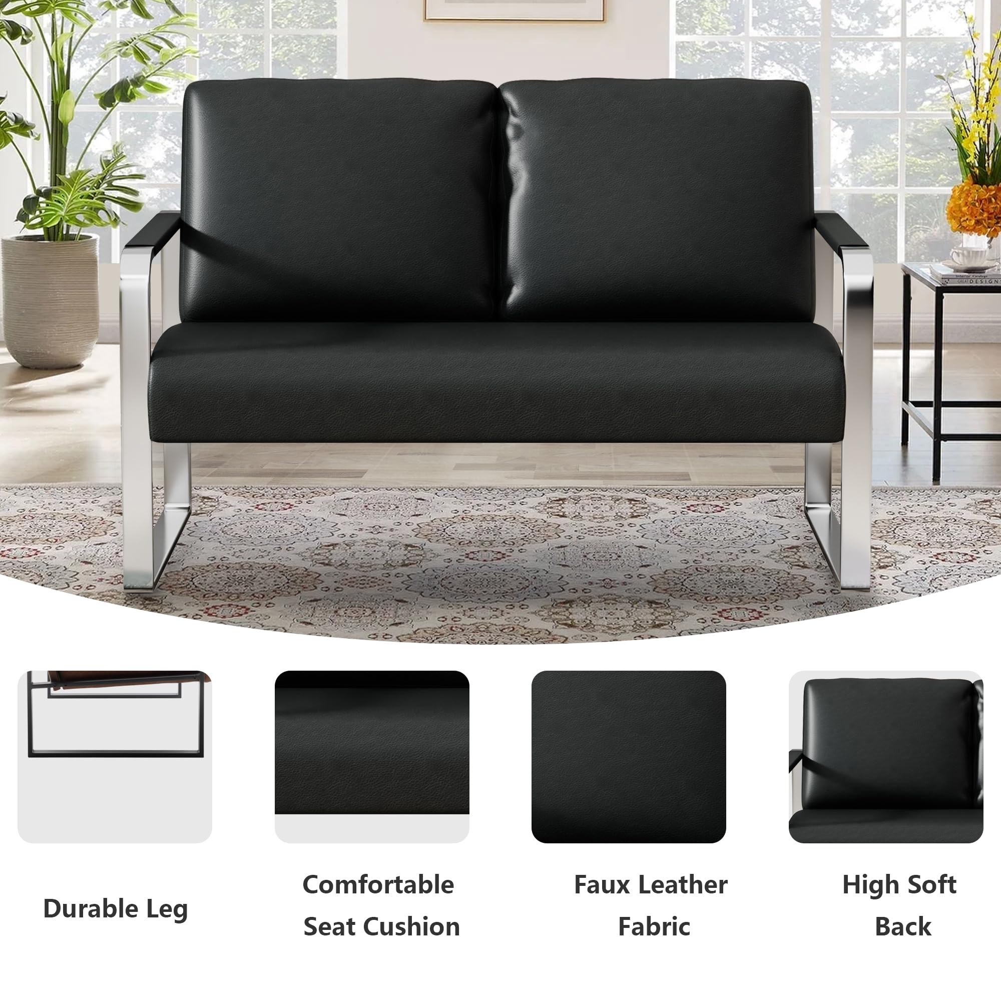 Love Seat Mini Couch Small Settee Loveseat Bench for Living Room, Faux Leather Loveseat Sofa Waiting Room Furniture for Small Spaces with Padded Cushion, Mid Century Modern Black Love Seats