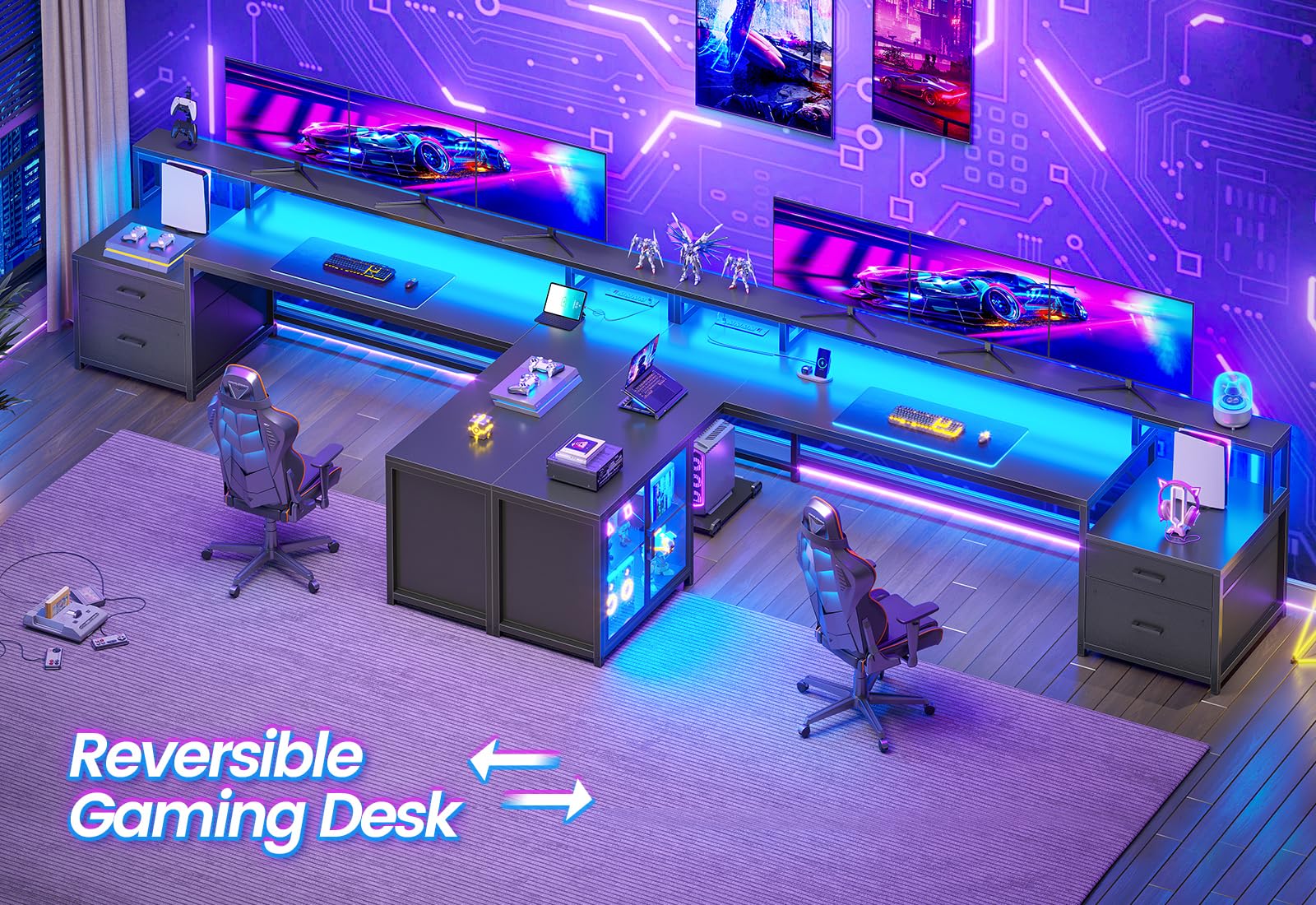 SEDETA L Shaped Gaming Desk, 78.7” Large Computer Desk with Drawers and Power Outlet & LED Light, Corner Gaming Desk with Storage Shelves, Display Cabinet for Home Office, Black