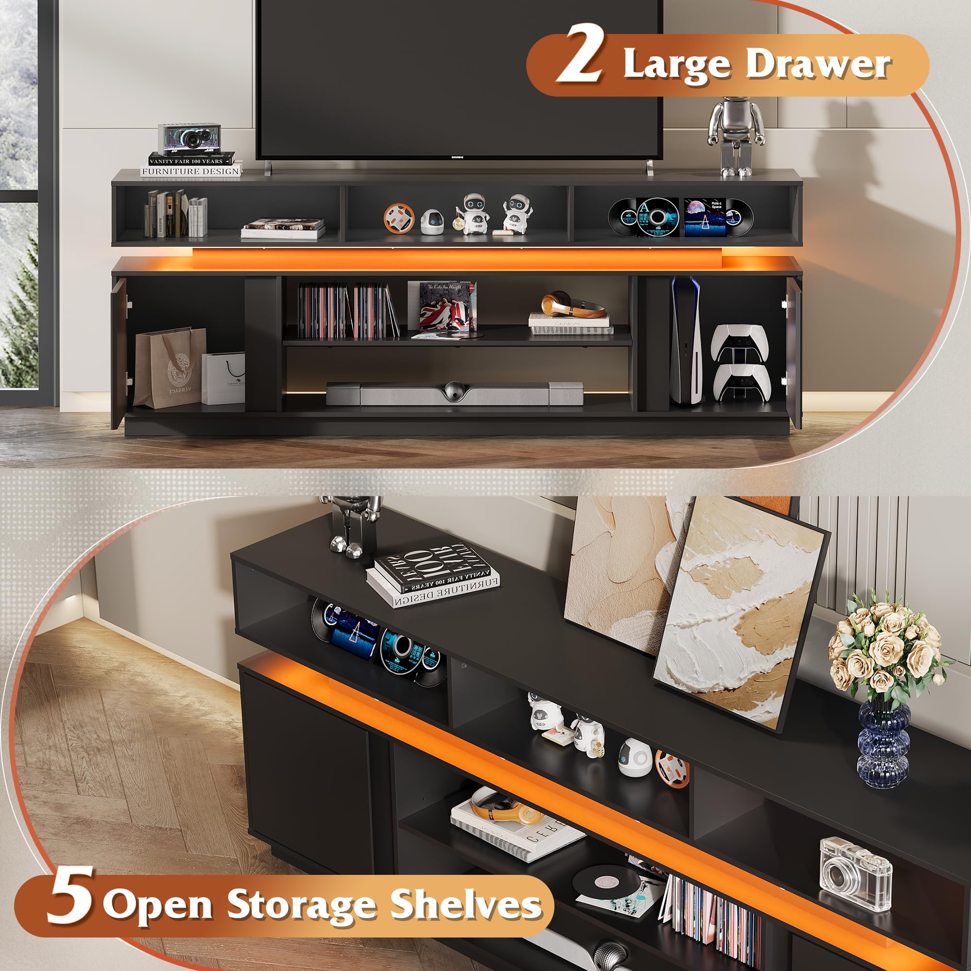 68" TV Stand with LED Lights & Storage Cabinets