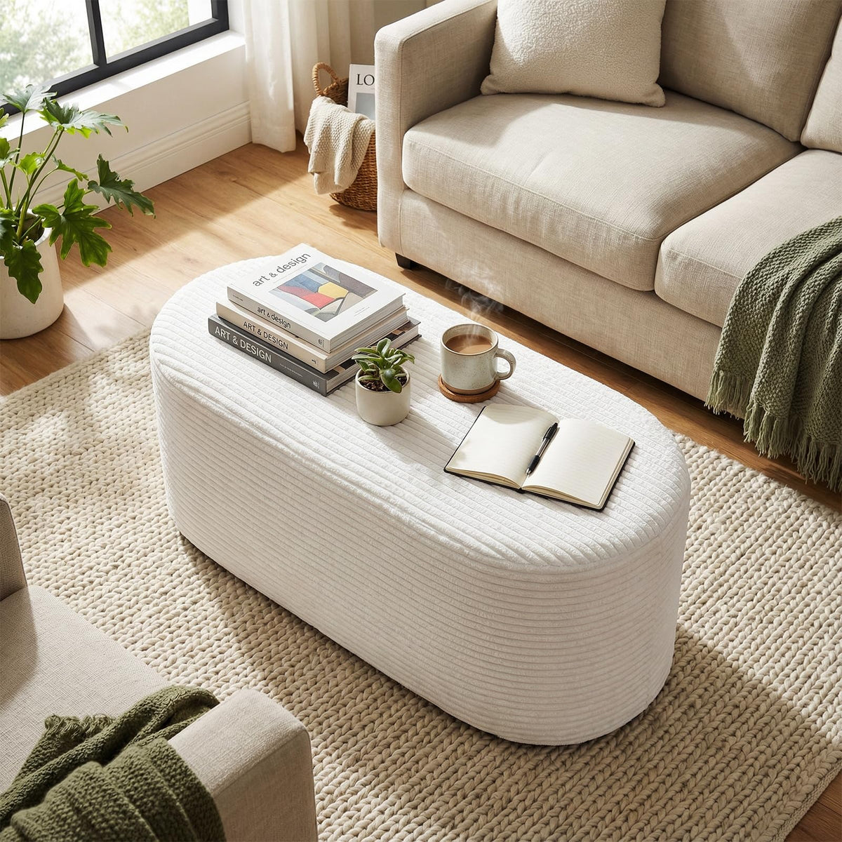 GIANTEX Stuffed Pouf Ottoman Bench, 47" Plush Corduroy End of Bed Bench with High-Density Sponge, Oval Ottoman Foot Rest for Living Room, Entryway, Hallway, Beige
