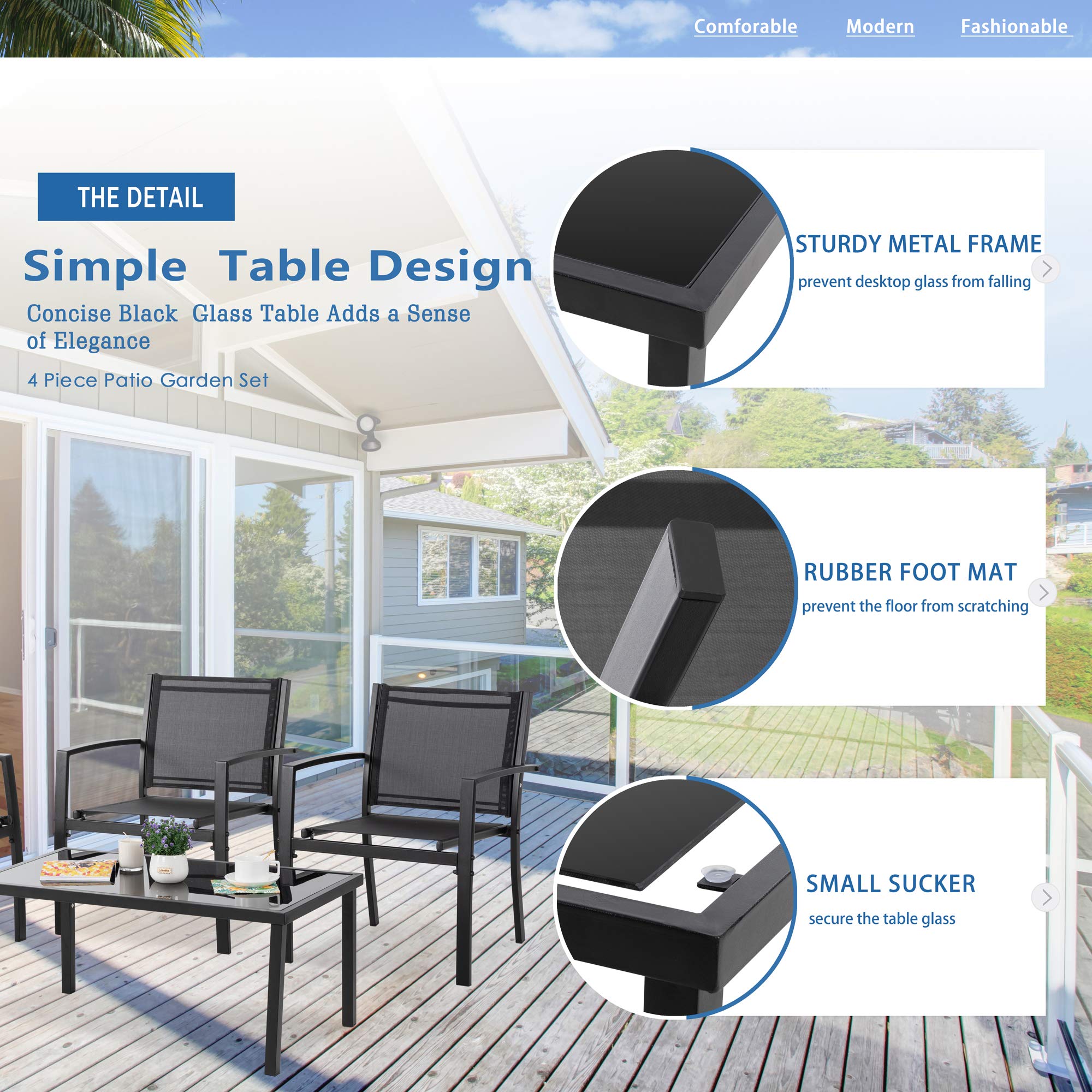 4-Piece Patio Conversation Set with Glass Coffee Table