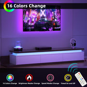 Betterhood Extendable TV Stand with LED Lights (80” - 106”), Wood Entertainment Center for Up to 120" TV, Modern Reversible TV Console with Three Drawers, Living Room, Bedroom (White)