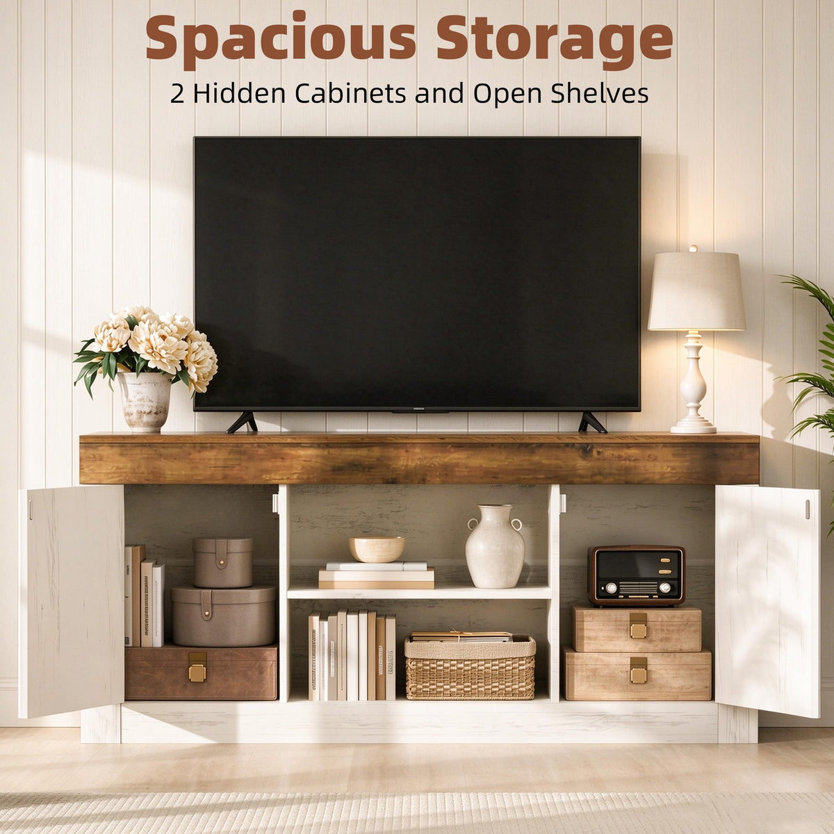 JUSTOGO Farmhouse TV Stand for 65 Inch TV, Entertainment Center