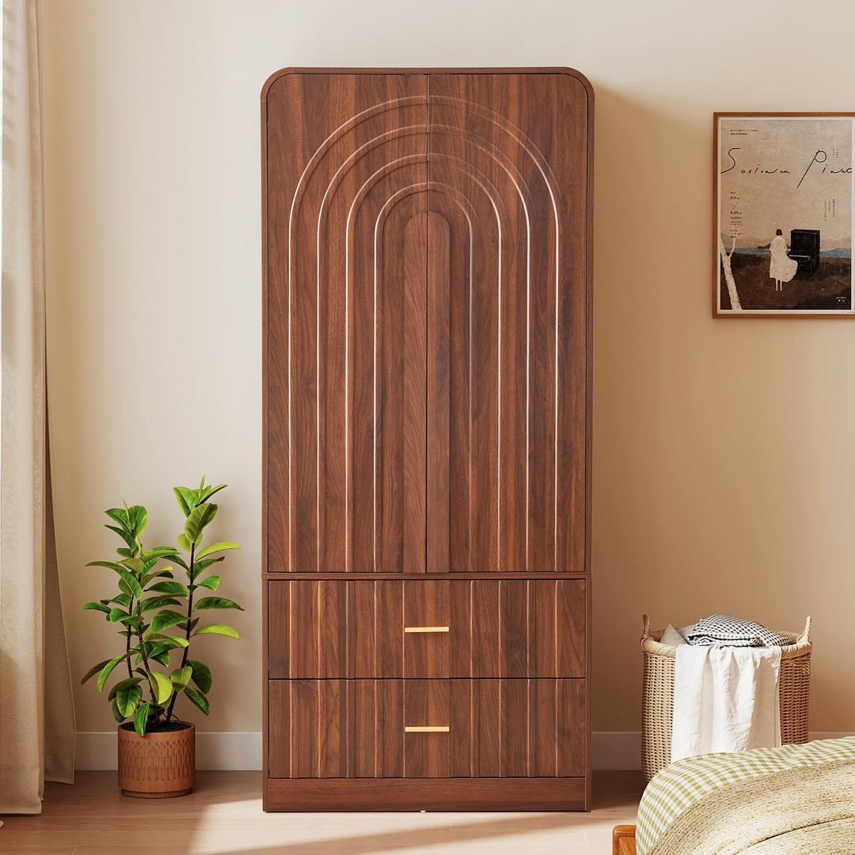 ORRD Freestanding Armoire Wardrobe Closet with Arched Fluted 2 Doors and 2 Storage Drawers, Large Capacity Wardrobe Cabinet Bedroom Organizer for Clothes, Blankets and Accessories, Walnut