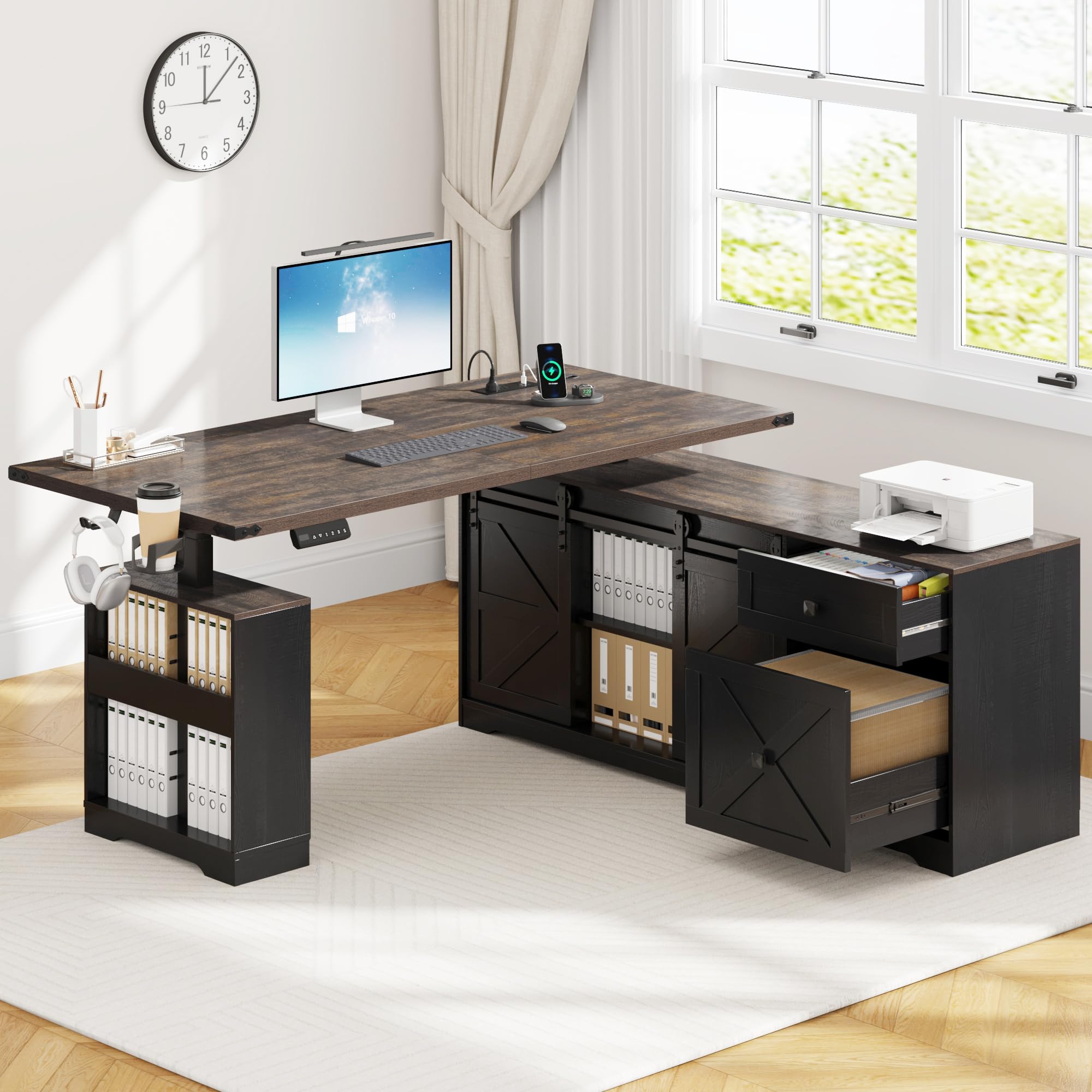 St.Mandyu 63" Farmhouse L Shaped Electric Standing Desk with Sliding Door Storage, Height Adjustable Sit Stand Corner Computer Desk with Power Outlets, Drawers & Cup Holder for Home Office, Black