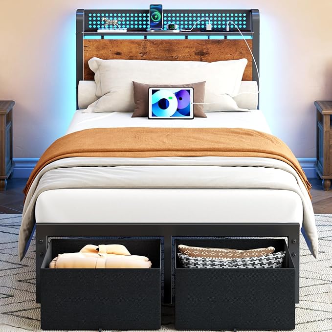 Platform Bed Frame with Storage Headboard, LED Lights & Drawers