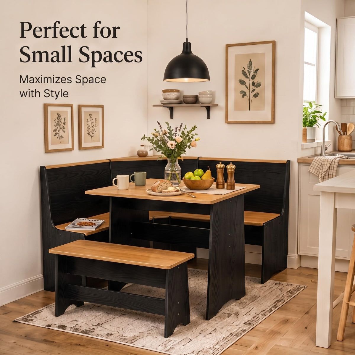 Dekoryn Corner Breakfast Nook Table Set, Black and Natural