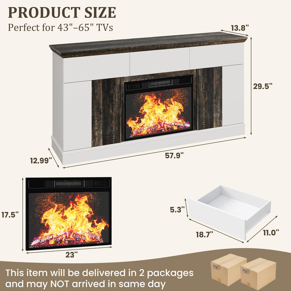 Jocoevol 58" Fireplace TV Stand with 23" Electric Fireplace, Entertainment Center for TVs up to 65", TV Console with 3 Storage Drawers, 2 Side Cabinets & Press-to-Open Doors for Living Room, Bedroom