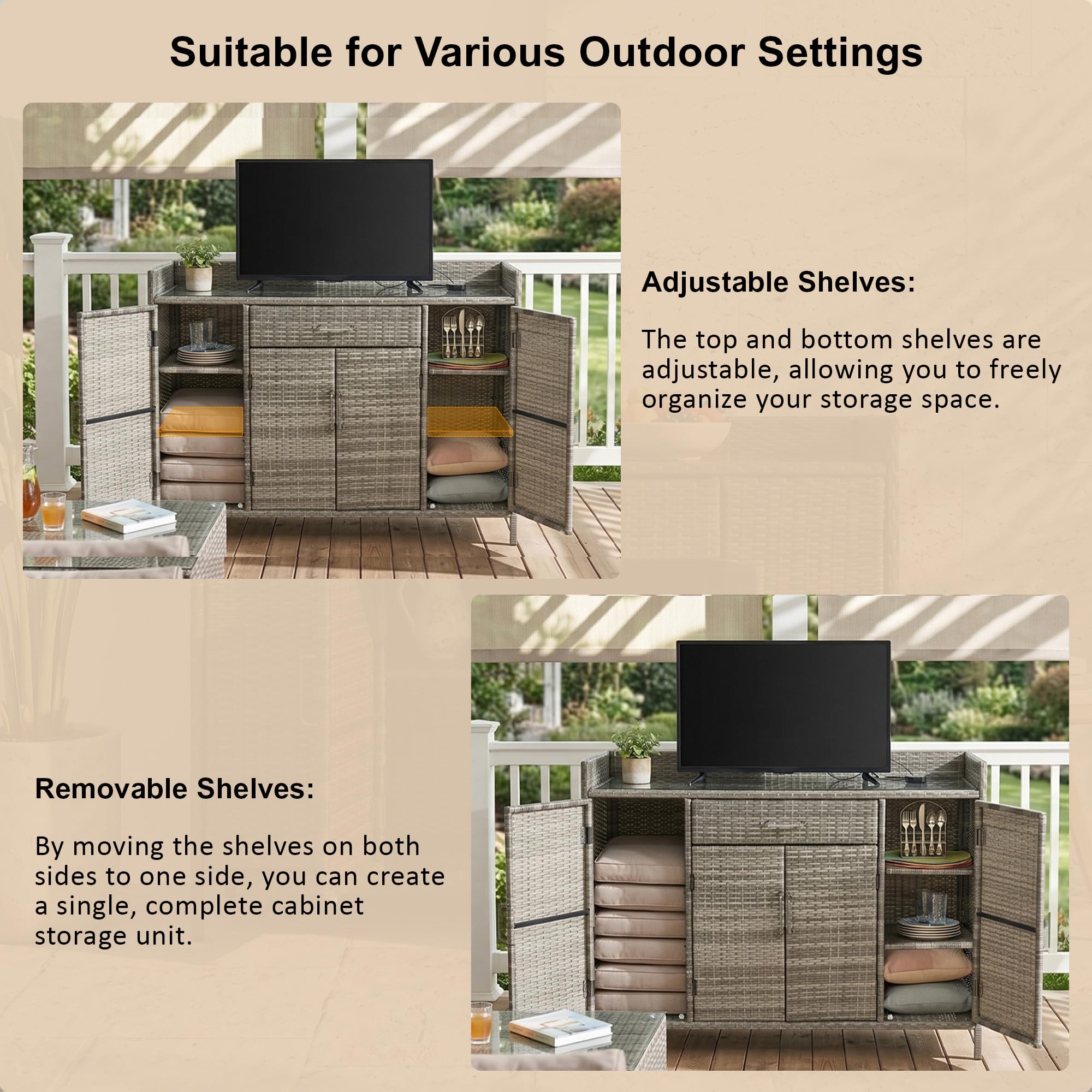 Merax 53.2" Patio Wicker Storage Cabinet, Outdoor Waterproof Patio Bar Table with Drawer and Shelves, Wicker Buffet Cabinet Sideboard for Poolside and Backyard, Gray