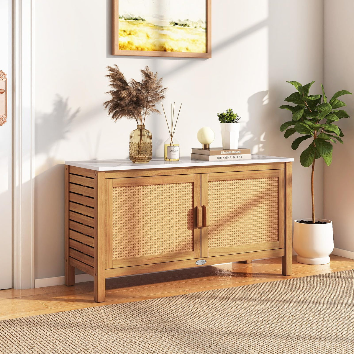 Goplus Outdoor Console Table, Acacia Wood Patio Storage Cabinet with Fax Marble Top, Rattan Doors, Inner Shelves & Hidden Compartment, Outdoor Sideboard for Patio (Rattan Door)