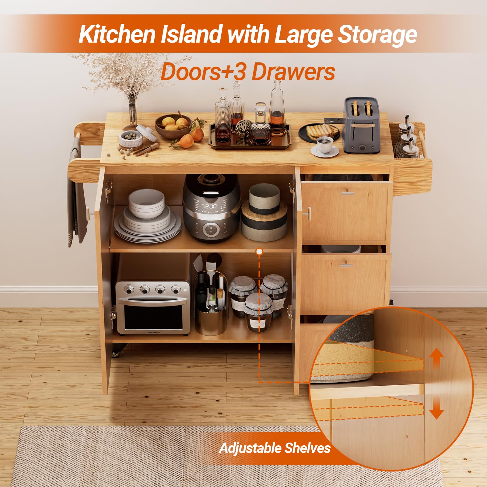 Kitchen Island with Storage, Rolling Kitchen Island on Wheels with Drawers and Doors, Mobile Kitchen Island with Towel Rack and Spice Rack, Wood Top Kitchen Cart with Power Outlet for Kitchen (Oak)